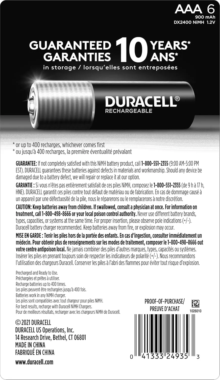 Duracell Rechargeable AAA Batteries, 6 Count (Pack of 1) Triple A Battery for Long-lasting Power, All-Purpose Pre-Charged Battery for Household and Business Devices