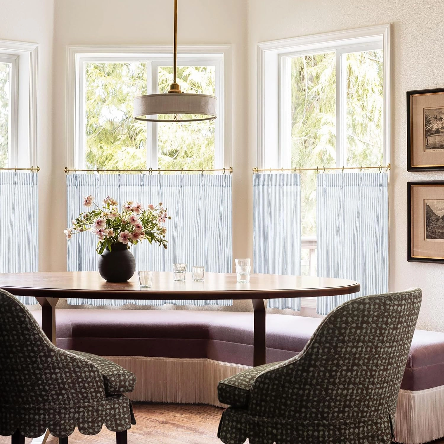 Dusty Blue Curtains for Kitchen,Pinch Pleated Coastal Slate Blue Pattern Curtains for Bathroom 24 Inch Length