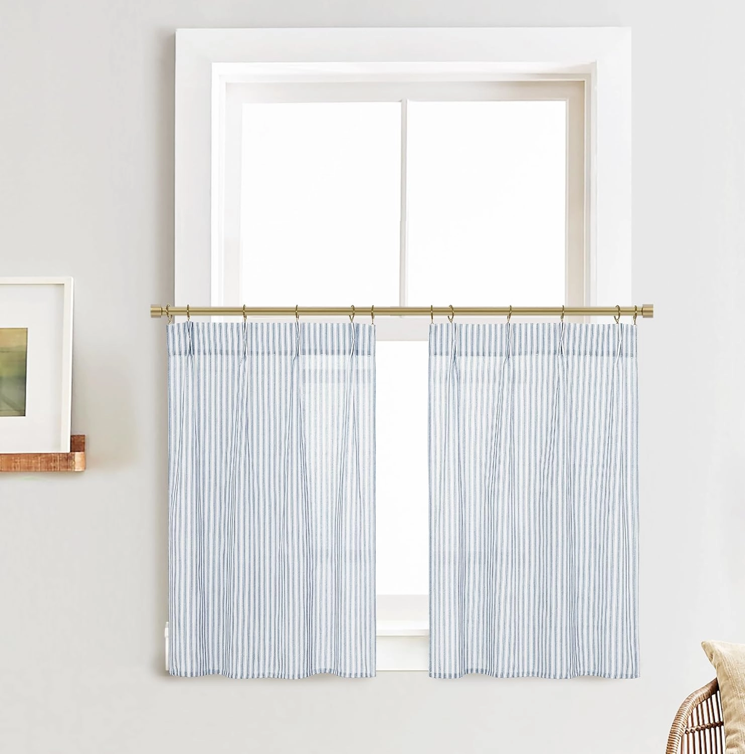 Dusty Blue Curtains for Kitchen,Pinch Pleated Coastal Slate Blue Pattern Curtains for Bathroom 24 Inch Length