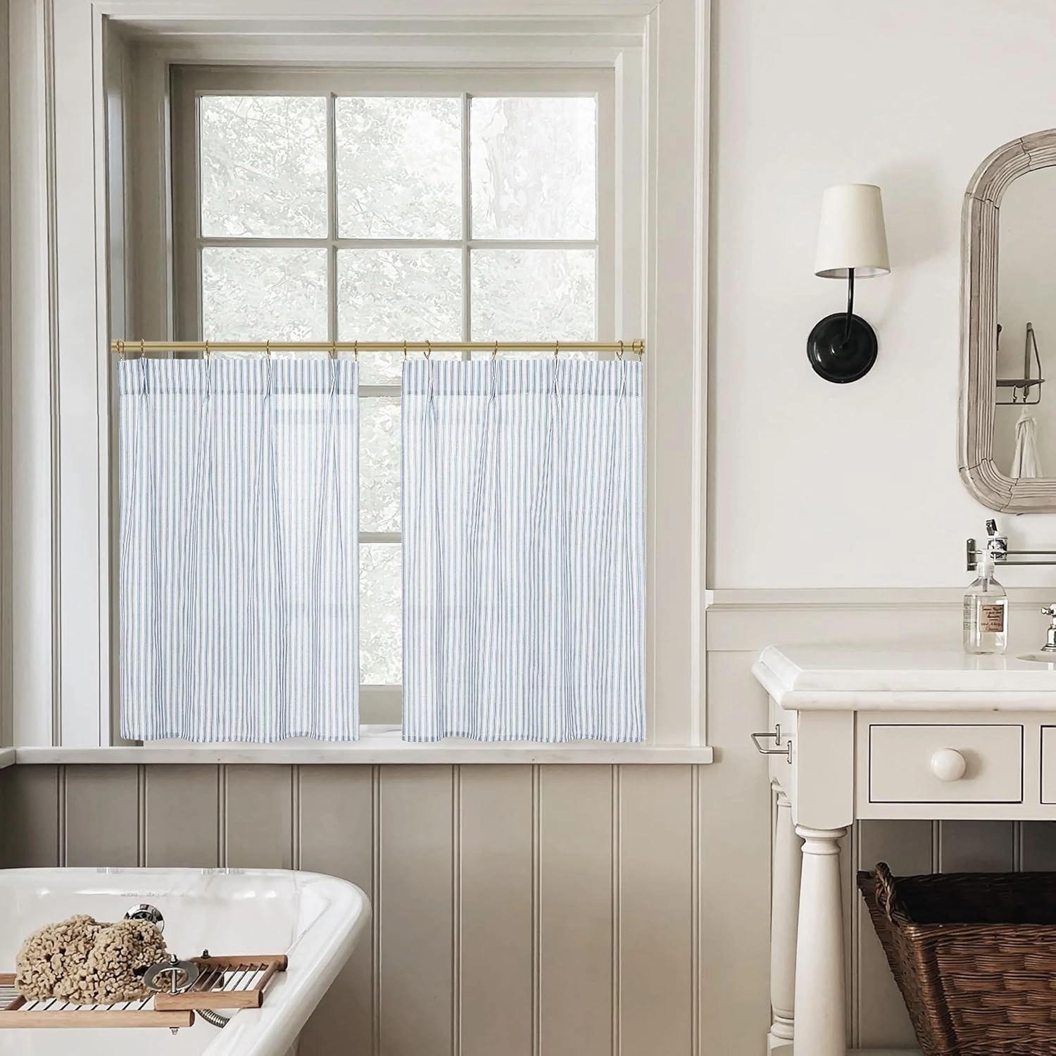 Dusty Blue Curtains for Kitchen,Pinch Pleated Coastal Slate Blue Pattern Curtains for Bathroom 24 Inch Length
