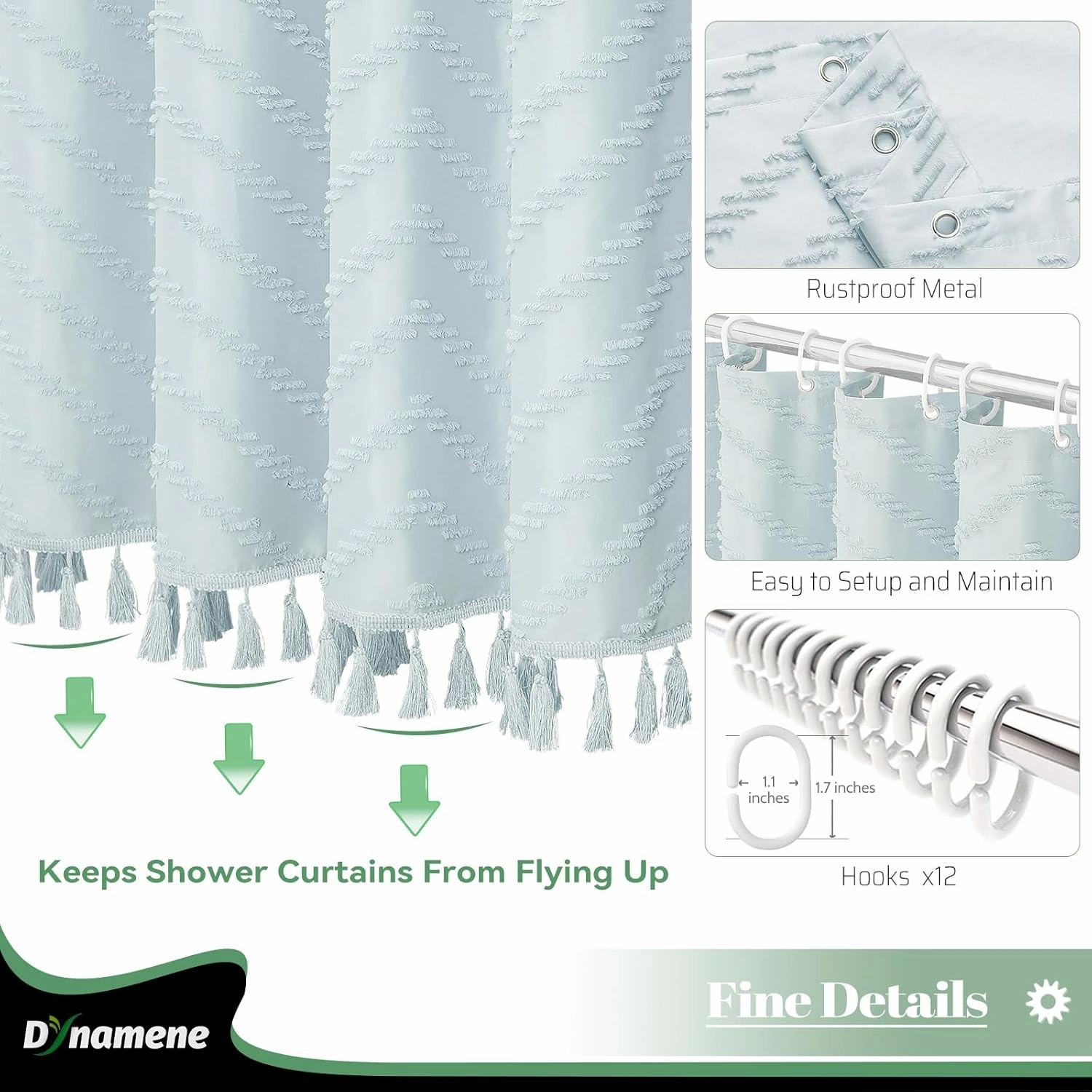 Dynamene Boho Farmhouse Shower Curtain, Fog Blue Fabric Tufted Chevron Striped Textured Tassel Shower Curtains for Bathroom, Shabby Chic Waterproof Cloth Shower Curtain Set with Hooks, 72x72