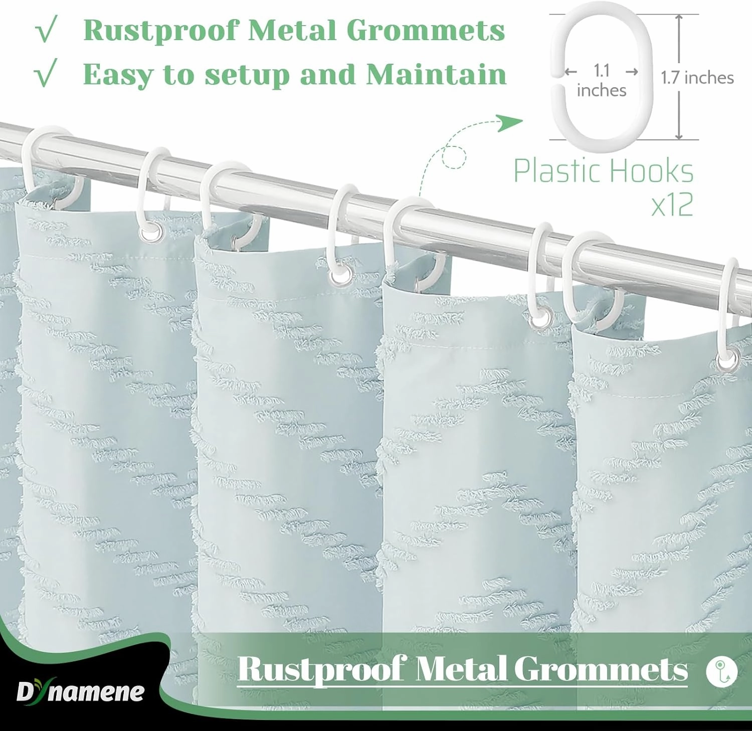 Dynamene Boho Farmhouse Shower Curtain, Fog Blue Fabric Tufted Chevron Striped Textured Tassel Shower Curtains for Bathroom, Shabby Chic Waterproof Cloth Shower Curtain Set with Hooks, 72x72