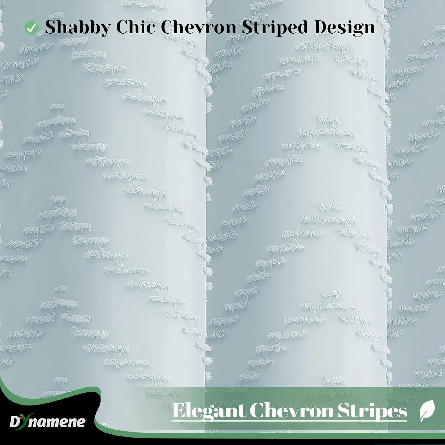 Dynamene Boho Farmhouse Shower Curtain, Fog Blue Fabric Tufted Chevron Striped Textured Tassel Shower Curtains for Bathroom, Shabby Chic Waterproof Cloth Shower Curtain Set with Hooks, 72x72