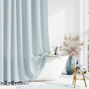 Dynamene Boho Farmhouse Shower Curtain, Fog Blue Fabric Tufted Chevron Striped Textured Tassel Shower Curtains for Bathroom, Shabby Chic Waterproof Cloth Shower Curtain Set with Hooks, 72x72