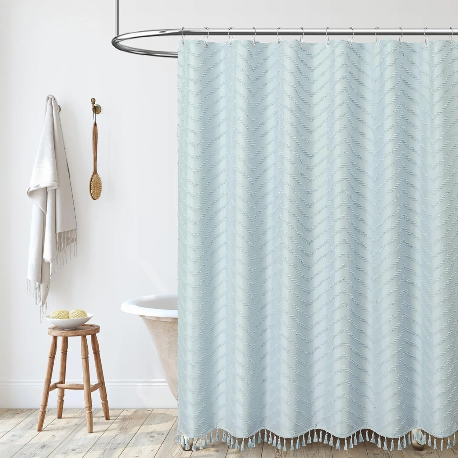 Dynamene Boho Farmhouse Shower Curtain, Fog Blue Fabric Tufted Chevron Striped Textured Tassel Shower Curtains for Bathroom, Shabby Chic Waterproof Cloth Shower Curtain Set with Hooks, 72x72