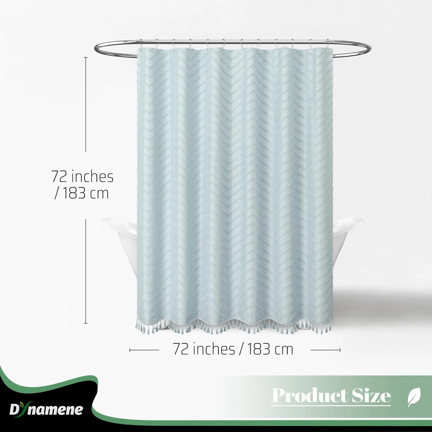 Dynamene Boho Farmhouse Shower Curtain, Fog Blue Fabric Tufted Chevron Striped Textured Tassel Shower Curtains for Bathroom, Shabby Chic Waterproof Cloth Shower Curtain Set with Hooks, 72x72