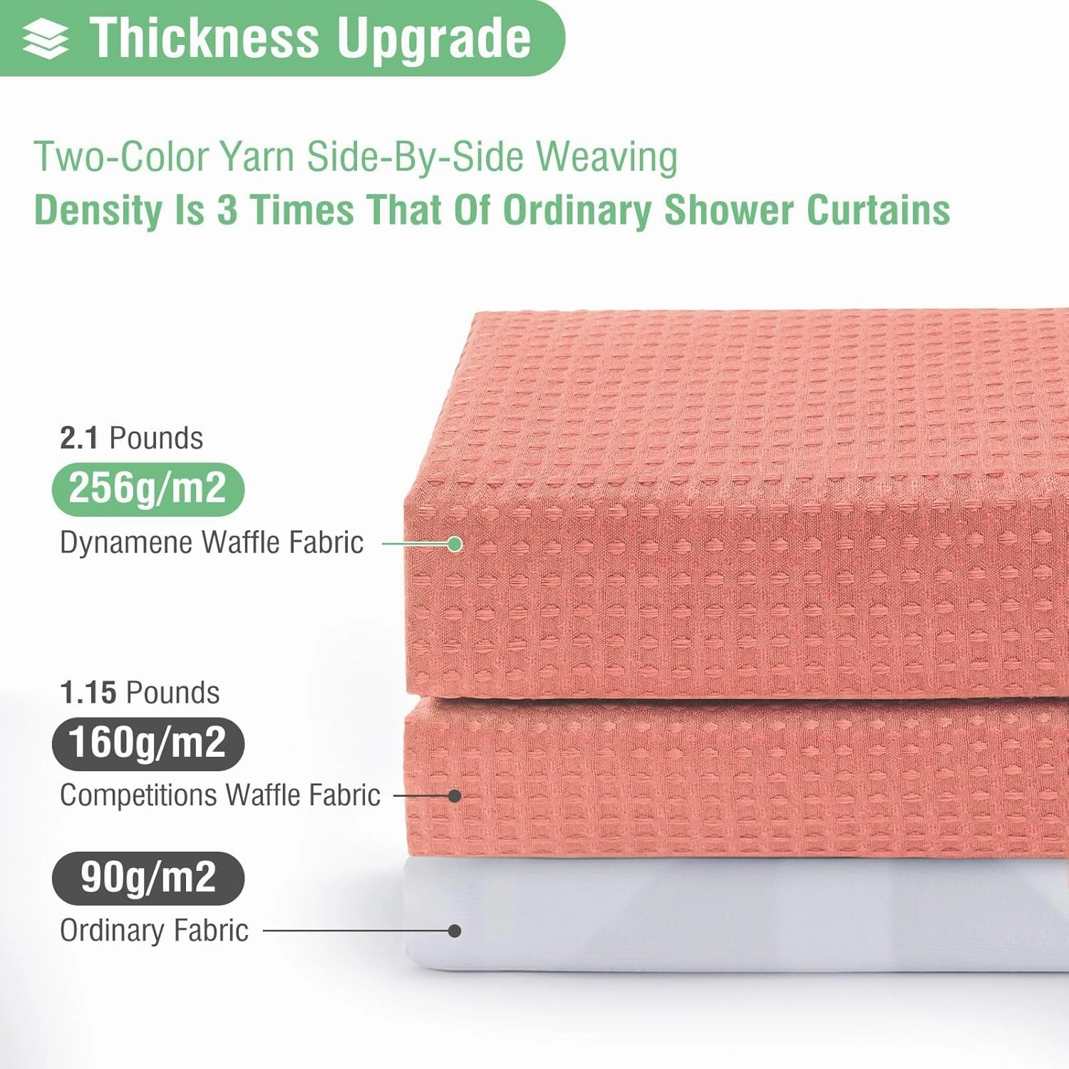 Dynamene Coral Fabric Shower Curtain - Waffle Weave Textured Heavy Duty Cloth Shower Curtains for Bathroom, 256GSM Hotel Luxury Weighted Bath Curtain Set with 12 Hooks,72x72, Coral
