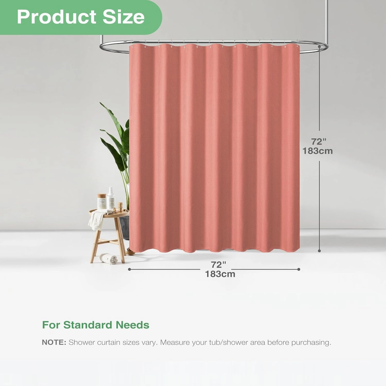 Dynamene Coral Fabric Shower Curtain - Waffle Weave Textured Heavy Duty Cloth Shower Curtains for Bathroom, 256GSM Hotel Luxury Weighted Bath Curtain Set with 12 Hooks,72x72, Coral
