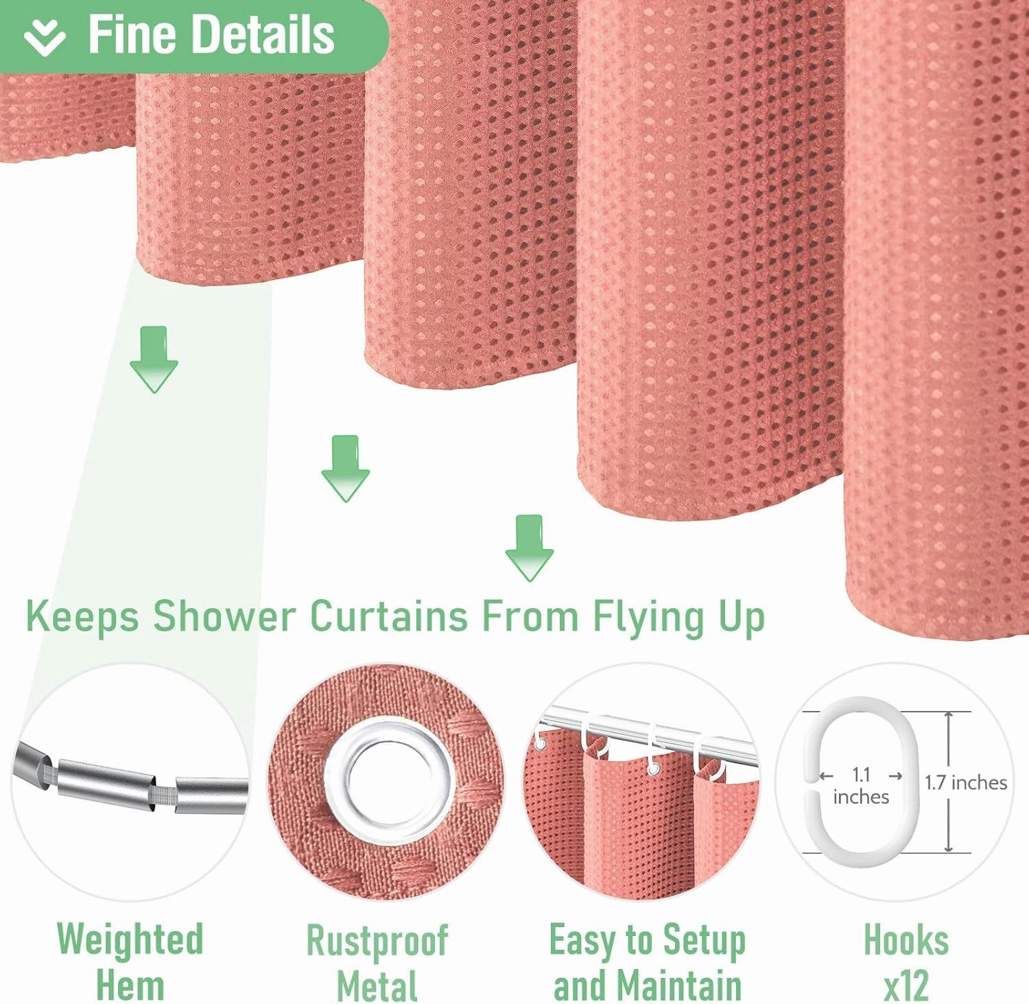 Dynamene Coral Fabric Shower Curtain - Waffle Weave Textured Heavy Duty Cloth Shower Curtains for Bathroom, 256GSM Hotel Luxury Weighted Bath Curtain Set with 12 Hooks,72x72, Coral