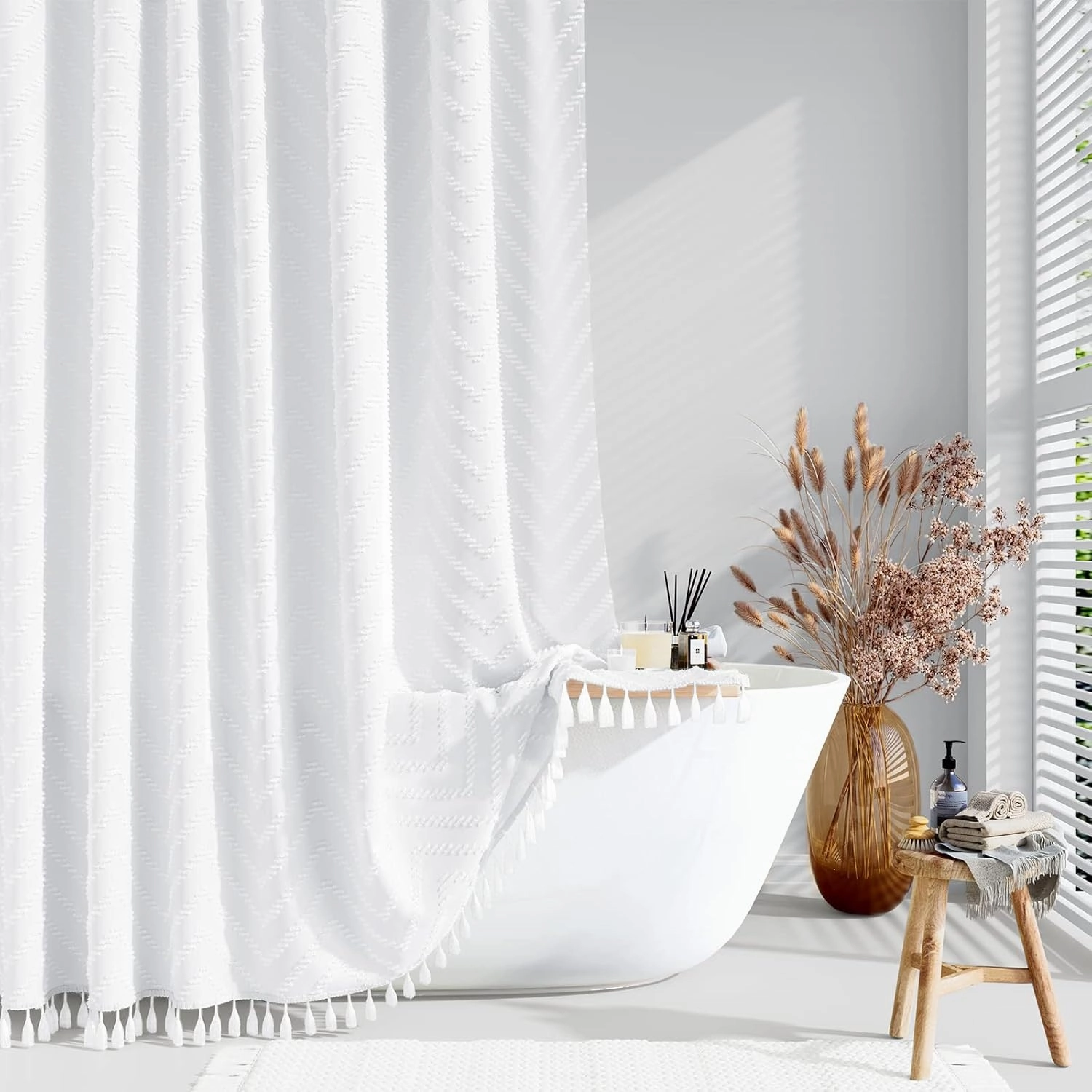 Dynamene Extra Long Shower Curtains, 96 Inches Long Boho Tufted Chevron Striped Fabric Shower Curtains for Bathroom, Tall Minimalist Waterproof Cloth Shower Curtain Set with 12 Hook, White, 72x96
