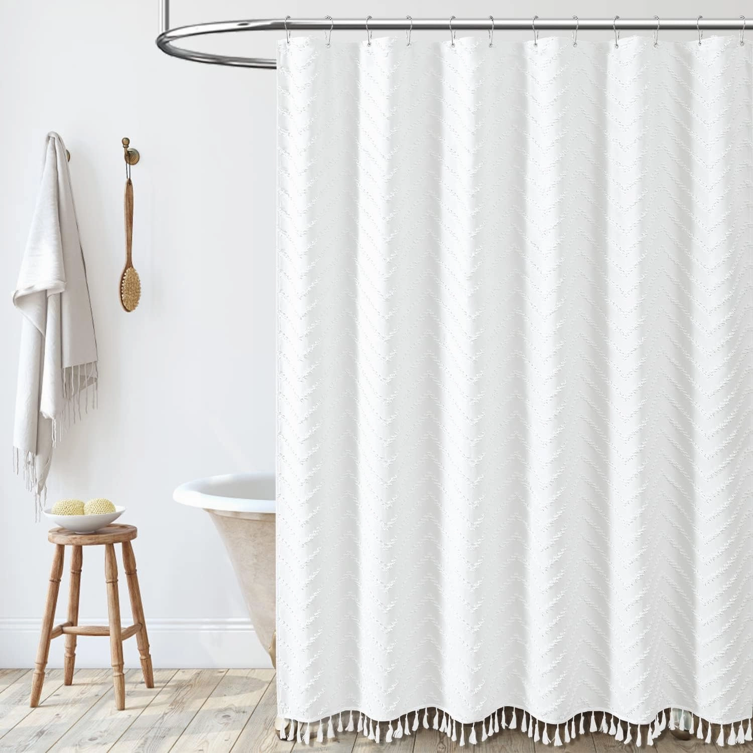 Dynamene Extra Long Shower Curtains, 96 Inches Long Boho Tufted Chevron Striped Fabric Shower Curtains for Bathroom, Tall Minimalist Waterproof Cloth Shower Curtain Set with 12 Hook, White, 72x96