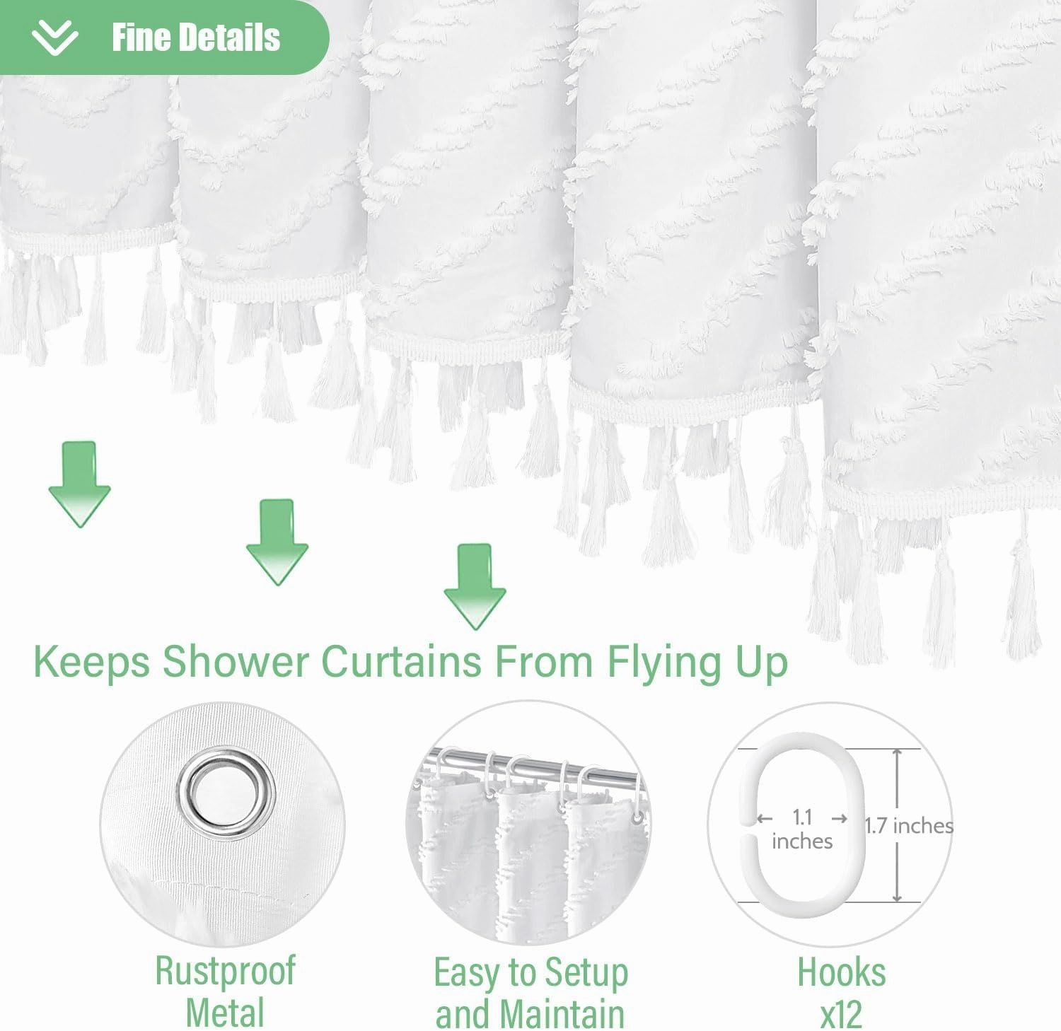 Dynamene Extra Long Shower Curtains, 96 Inches Long Boho Tufted Chevron Striped Fabric Shower Curtains for Bathroom, Tall Minimalist Waterproof Cloth Shower Curtain Set with 12 Hook, White, 72x96