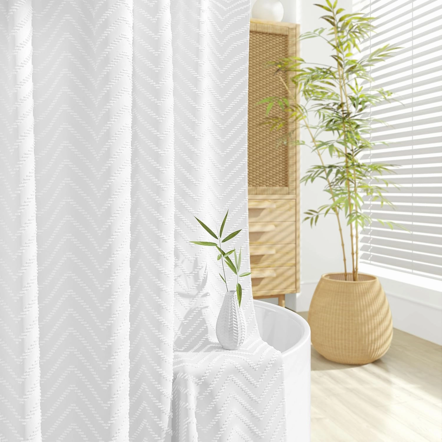 Dynamene Extra Long Shower Curtains, 96 Inches Long Boho Tufted Chevron Striped Fabric Shower Curtains for Bathroom, Tall Minimalist Waterproof Cloth Shower Curtain Set with 12 Hook, White, 72x96