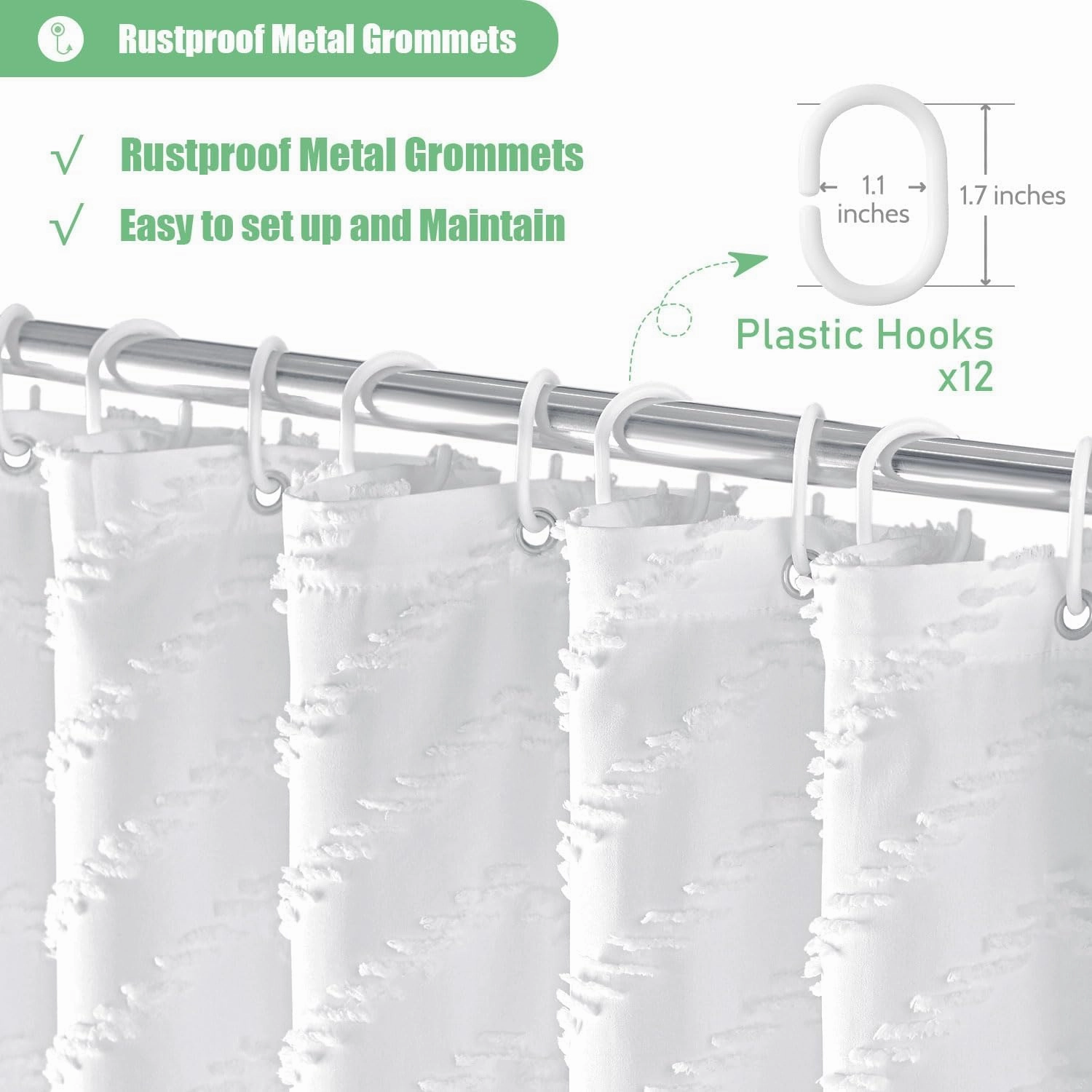 Dynamene Extra Long Shower Curtains, 96 Inches Long Boho Tufted Chevron Striped Fabric Shower Curtains for Bathroom, Tall Minimalist Waterproof Cloth Shower Curtain Set with 12 Hook, White, 72x96