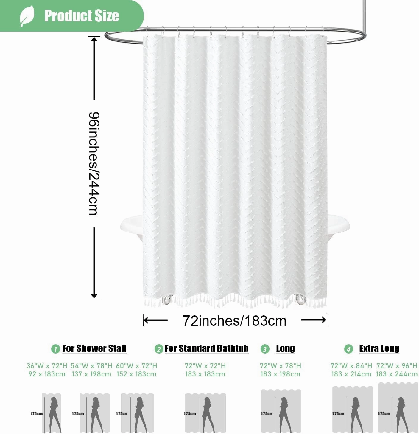 Dynamene Extra Long Shower Curtains, 96 Inches Long Boho Tufted Chevron Striped Fabric Shower Curtains for Bathroom, Tall Minimalist Waterproof Cloth Shower Curtain Set with 12 Hook, White, 72x96