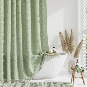 Dynamene sage Green Fabric Shower Curtain, Boho Tufted Geometric Striped Tassel Shower Curtain for Bathroom, Shabby Chic Modern Farmhouse Waterproof Cloth Shower Curtain Set, Wrinkle Free, 72x72