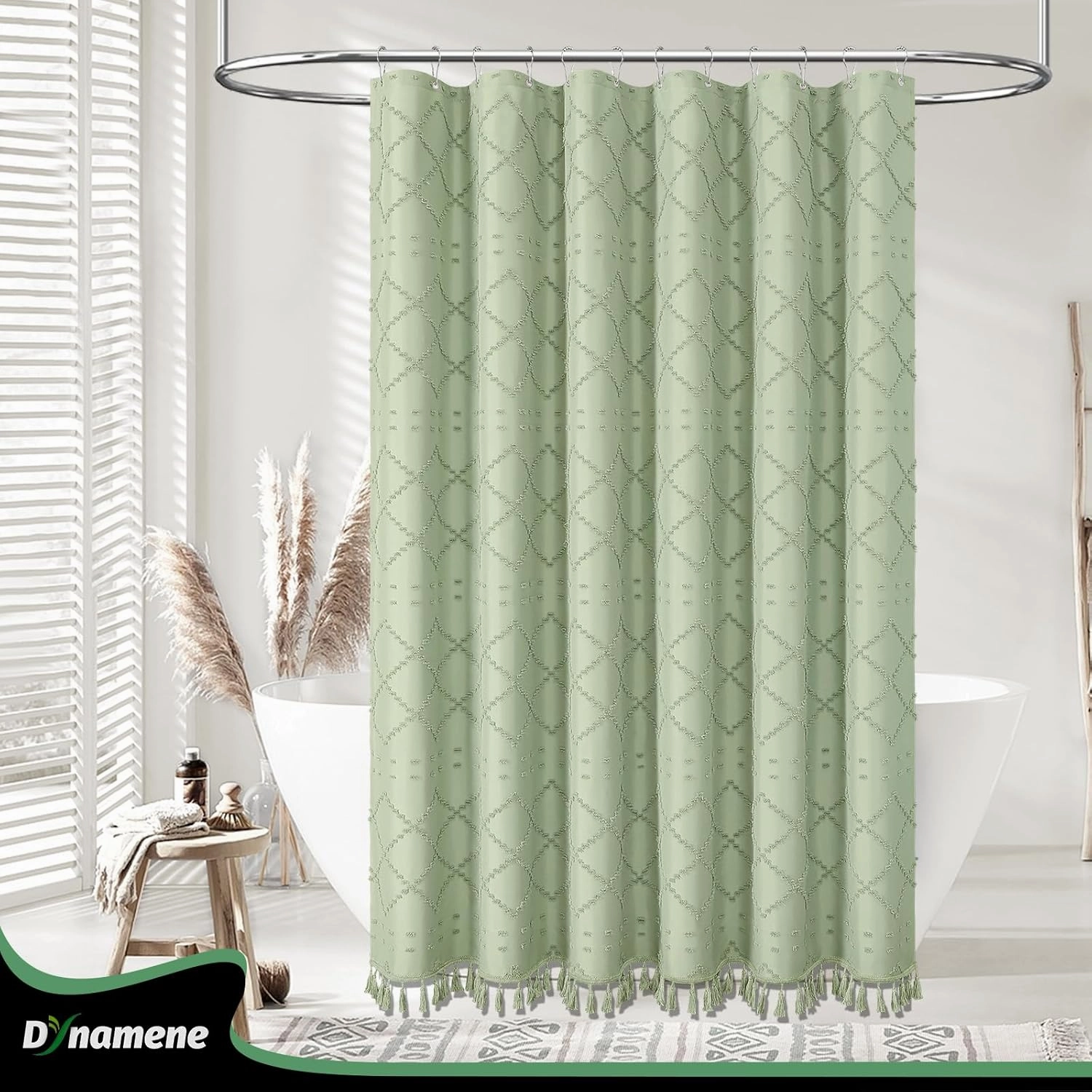Dynamene sage Green Fabric Shower Curtain, Boho Tufted Geometric Striped Tassel Shower Curtain for Bathroom, Shabby Chic Modern Farmhouse Waterproof Cloth Shower Curtain Set, Wrinkle Free, 72x72
