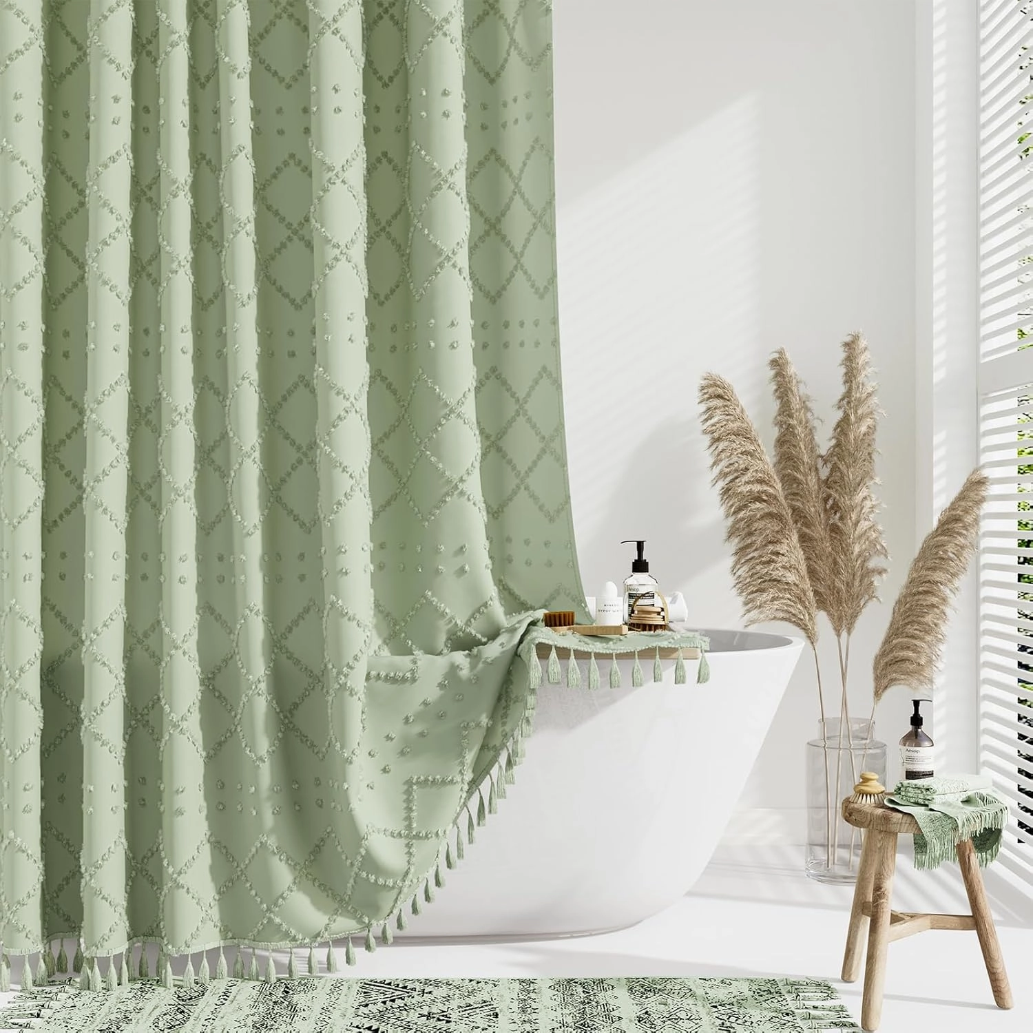 Dynamene sage Green Fabric Shower Curtain, Boho Tufted Geometric Striped Tassel Shower Curtain for Bathroom, Shabby Chic Modern Farmhouse Waterproof Cloth Shower Curtain Set, Wrinkle Free, 72x72