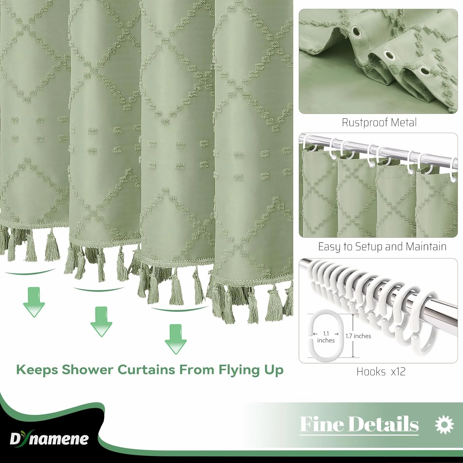Dynamene sage Green Fabric Shower Curtain, Boho Tufted Geometric Striped Tassel Shower Curtain for Bathroom, Shabby Chic Modern Farmhouse Waterproof Cloth Shower Curtain Set, Wrinkle Free, 72x72