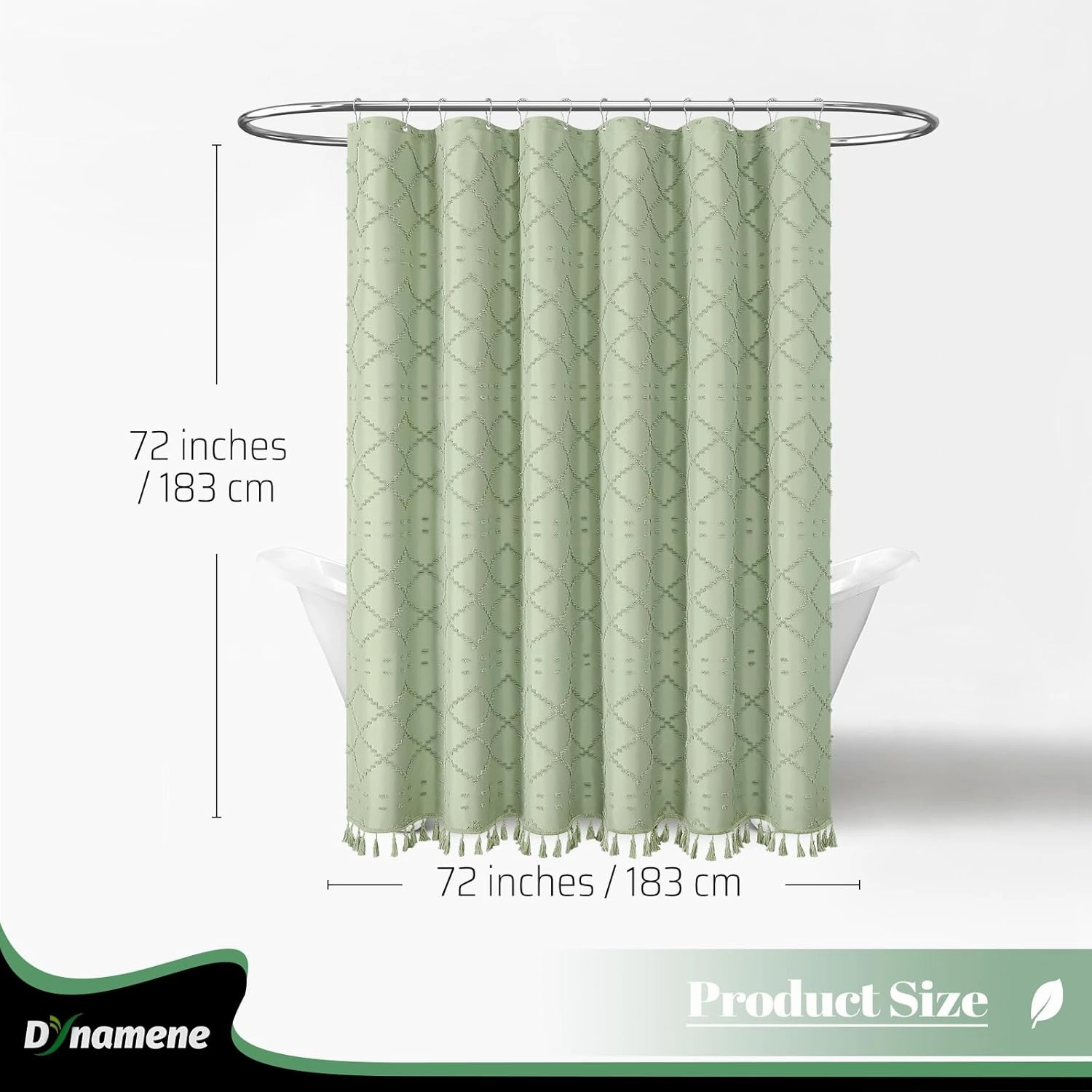 Dynamene sage Green Fabric Shower Curtain, Boho Tufted Geometric Striped Tassel Shower Curtain for Bathroom, Shabby Chic Modern Farmhouse Waterproof Cloth Shower Curtain Set, Wrinkle Free, 72x72