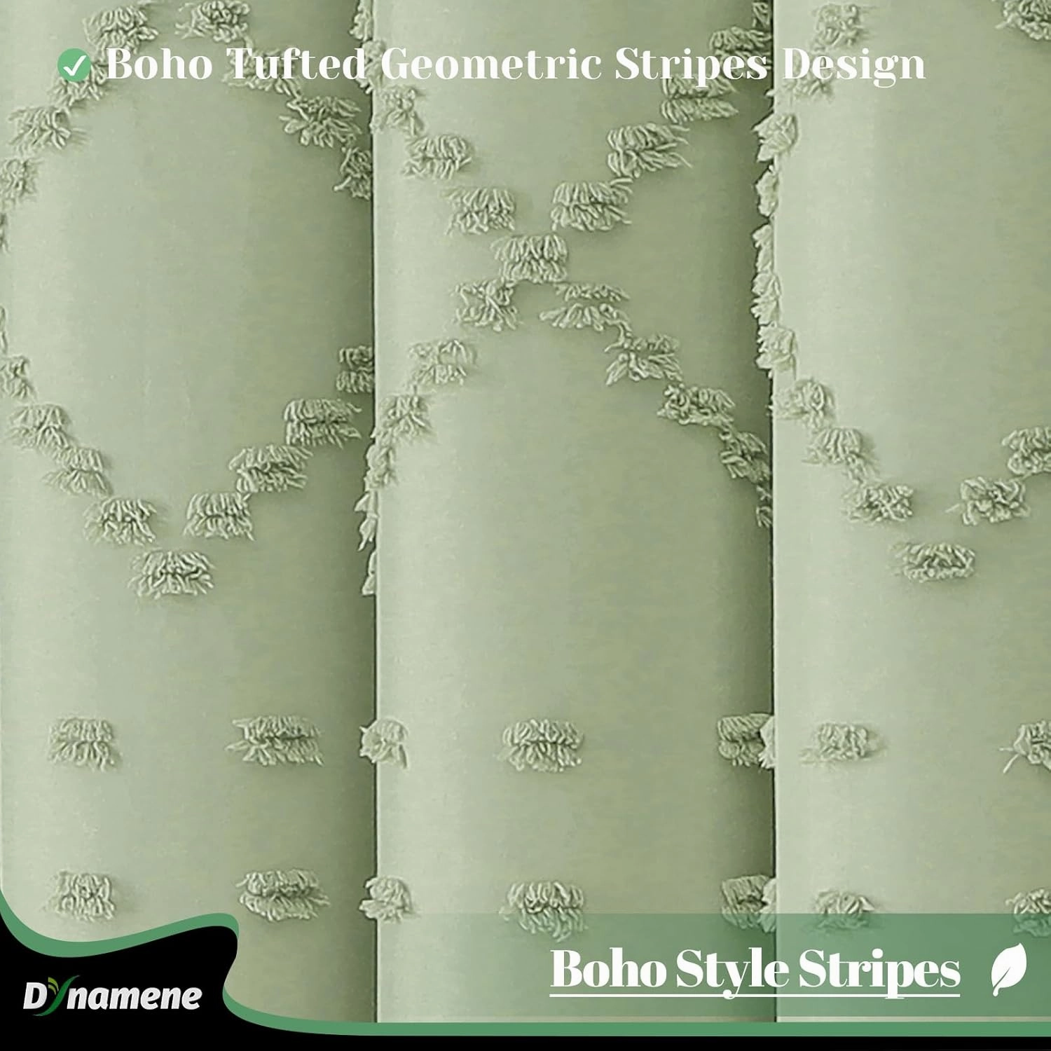 Dynamene sage Green Fabric Shower Curtain, Boho Tufted Geometric Striped Tassel Shower Curtain for Bathroom, Shabby Chic Modern Farmhouse Waterproof Cloth Shower Curtain Set, Wrinkle Free, 72x72