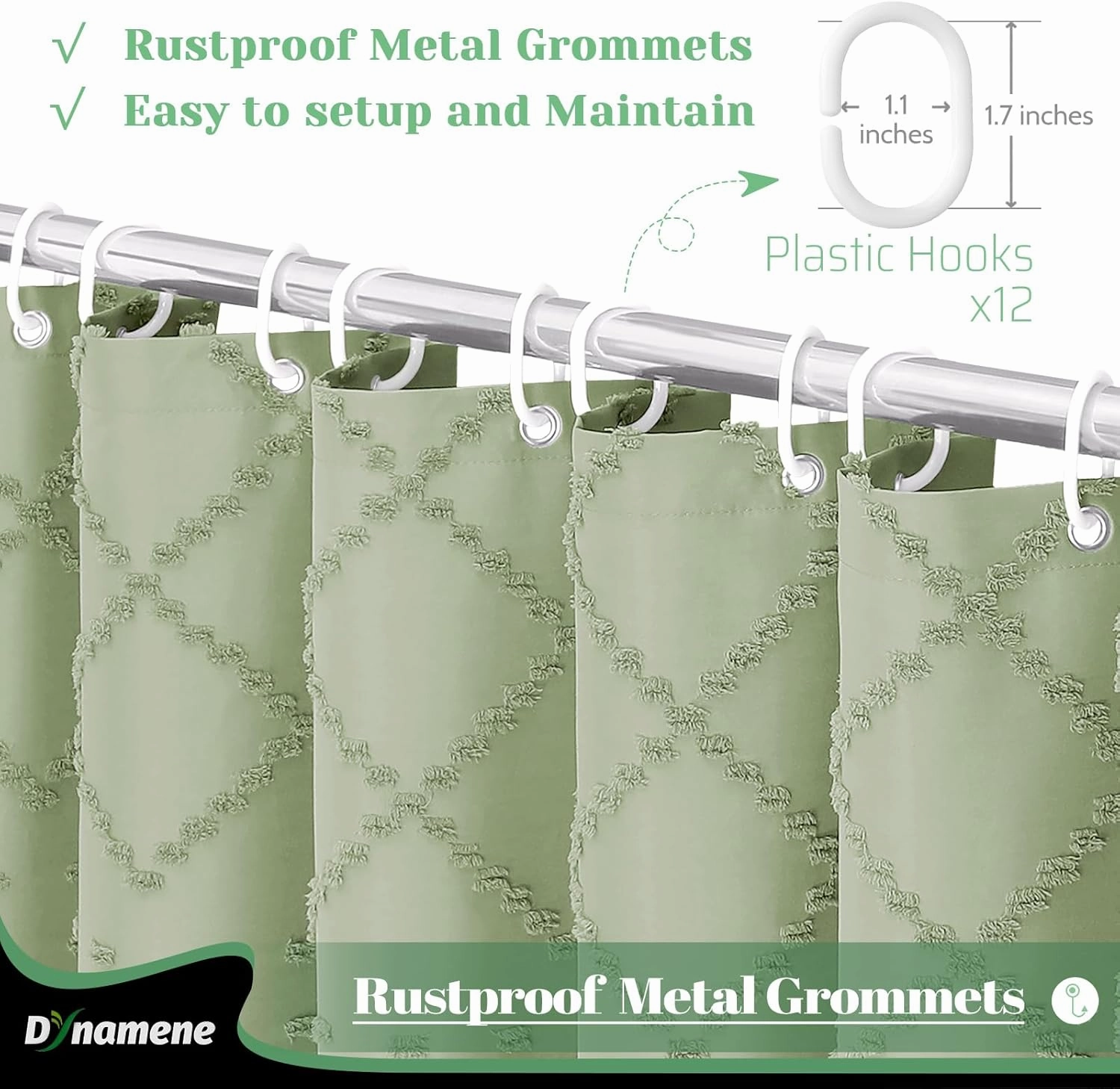 Dynamene sage Green Fabric Shower Curtain, Boho Tufted Geometric Striped Tassel Shower Curtain for Bathroom, Shabby Chic Modern Farmhouse Waterproof Cloth Shower Curtain Set, Wrinkle Free, 72x72