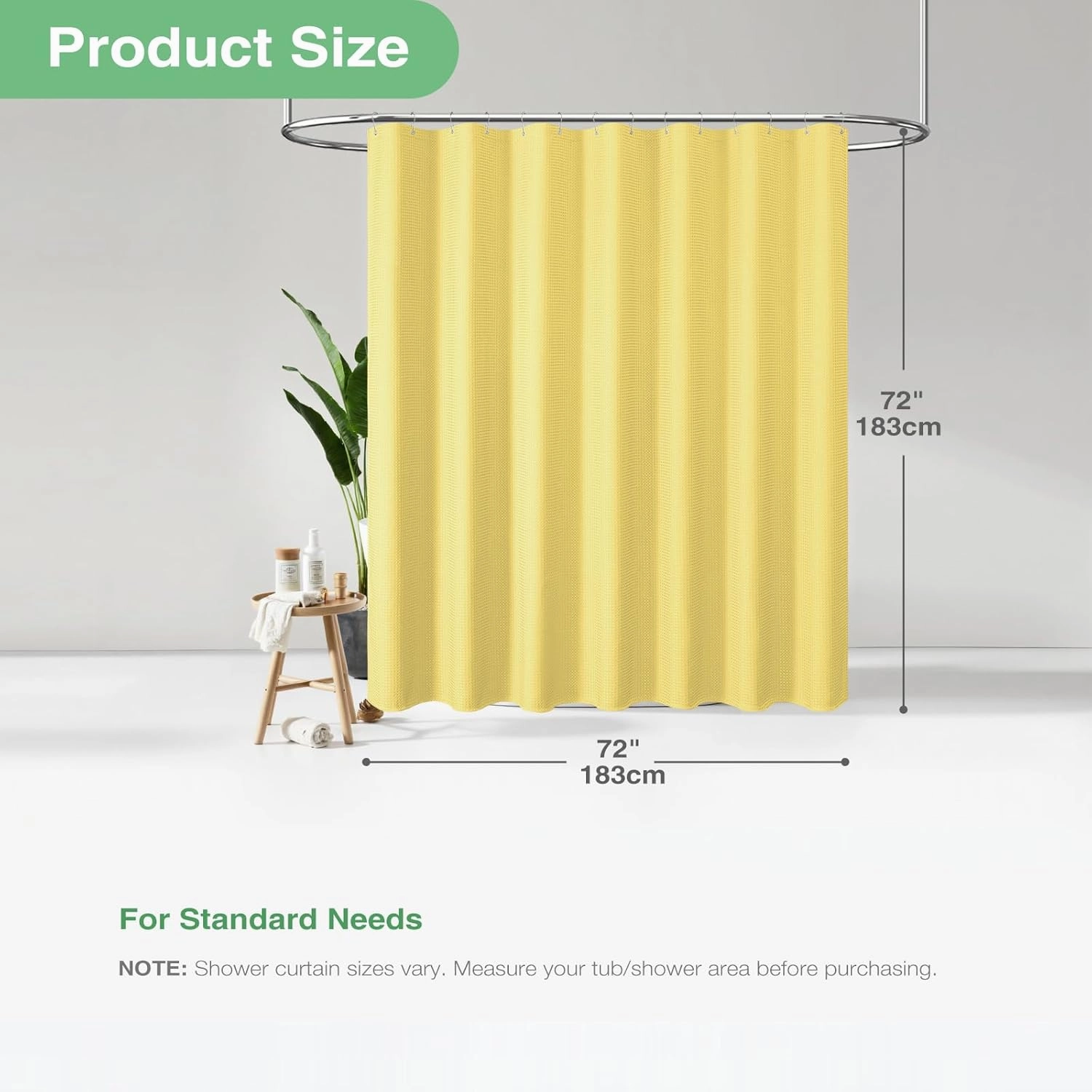 Dynamene Yellow Fabric Shower Curtain - Waffle Weave Textured Heavy Duty Cloth Shower Curtains for Bathroom, 256GSM Hotel Luxury Weighted Bath Curtain Set with 12 Hooks,72x72, Yellow