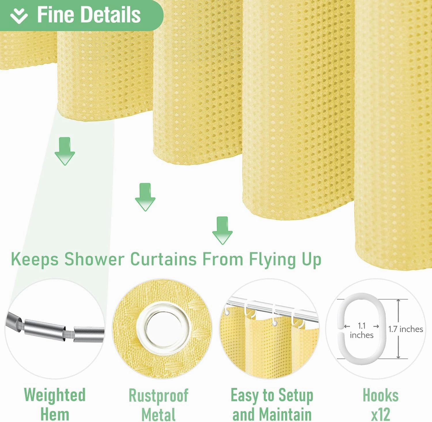 Dynamene Yellow Fabric Shower Curtain - Waffle Weave Textured Heavy Duty Cloth Shower Curtains for Bathroom, 256GSM Hotel Luxury Weighted Bath Curtain Set with 12 Hooks,72x72, Yellow