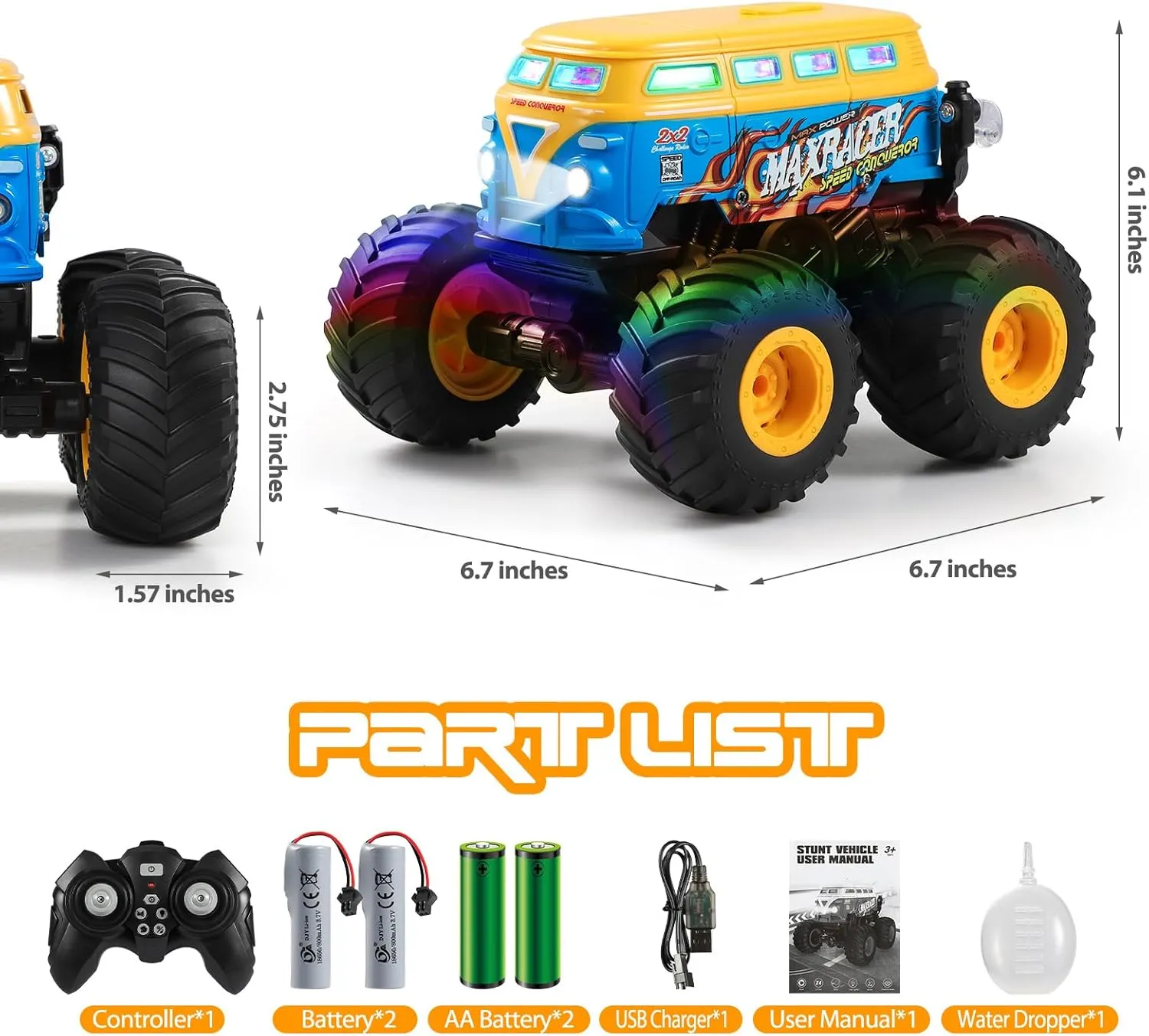DYODYORC Remote Control Car, 2.4Ghz All Terrain RC Monster Truck Toys with Spray, Music, 3 Lighting Effects, 360 Stunt Capable, All Included Ready to Run, Toy Gifts for Boys and Girl (Yellow)