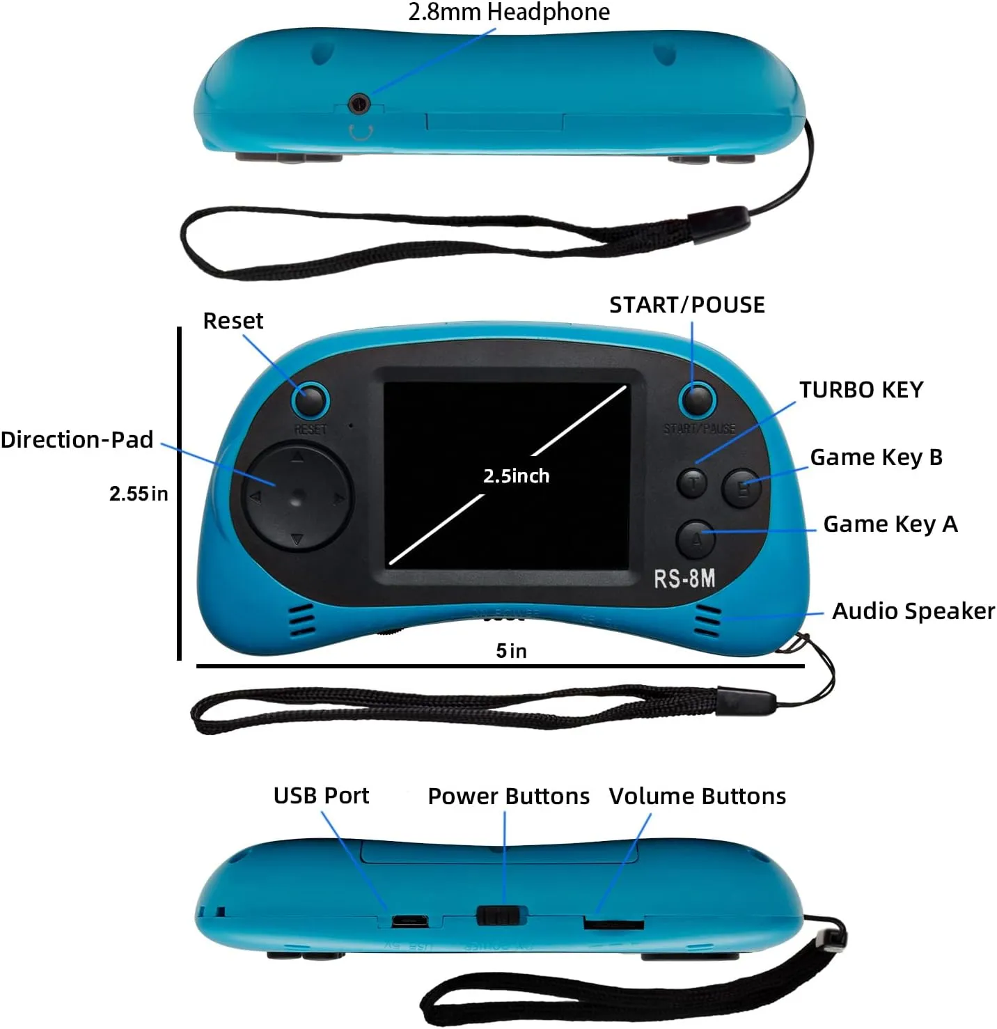 EASEGMER 16 Bit Kids Handheld Games Built-in 220 HD Video Games, 2.5 Inch Portable Game Player with Headphones - Best Travel Electronic Toys for Kids Age 3-10 Years Old Children (Blue)