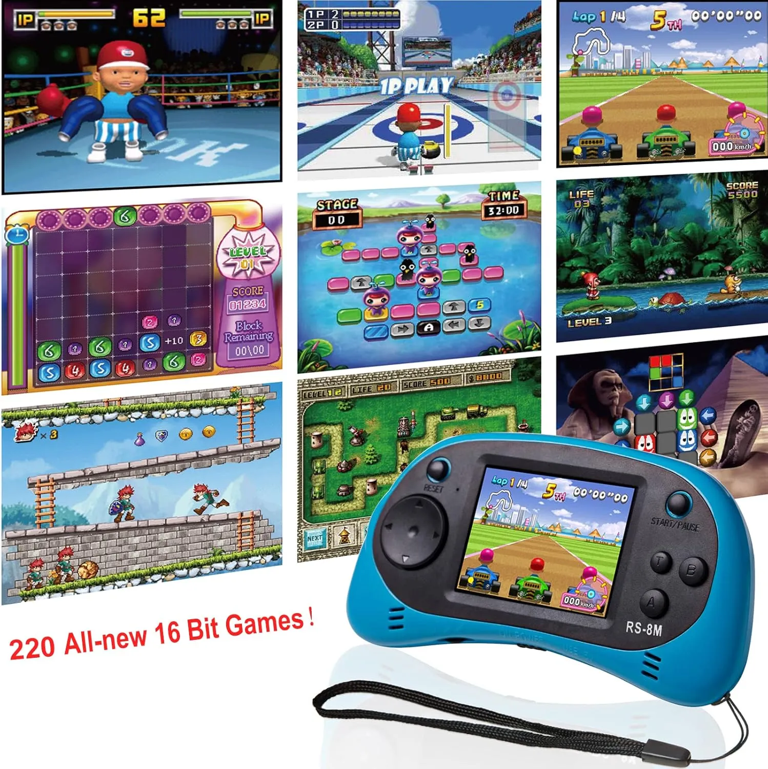 EASEGMER 16 Bit Kids Handheld Games Built-in 220 HD Video Games, 2.5 Inch Portable Game Player with Headphones - Best Travel Electronic Toys for Kids Age 3-10 Years Old Children (Blue)