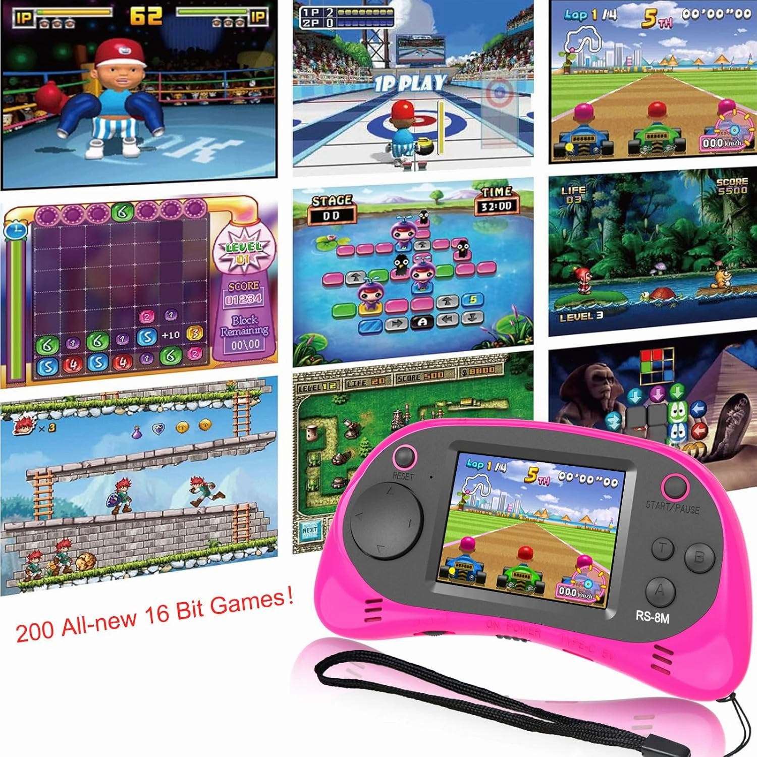 EASEGMER 16 Bit Kids Handheld Games Built-in 220 HD Video Games, 2.5 Inch Portable Game Player with Headphones - Best Travel Electronic Toys for Kids Age 3-10 Years Old Children (Pink)