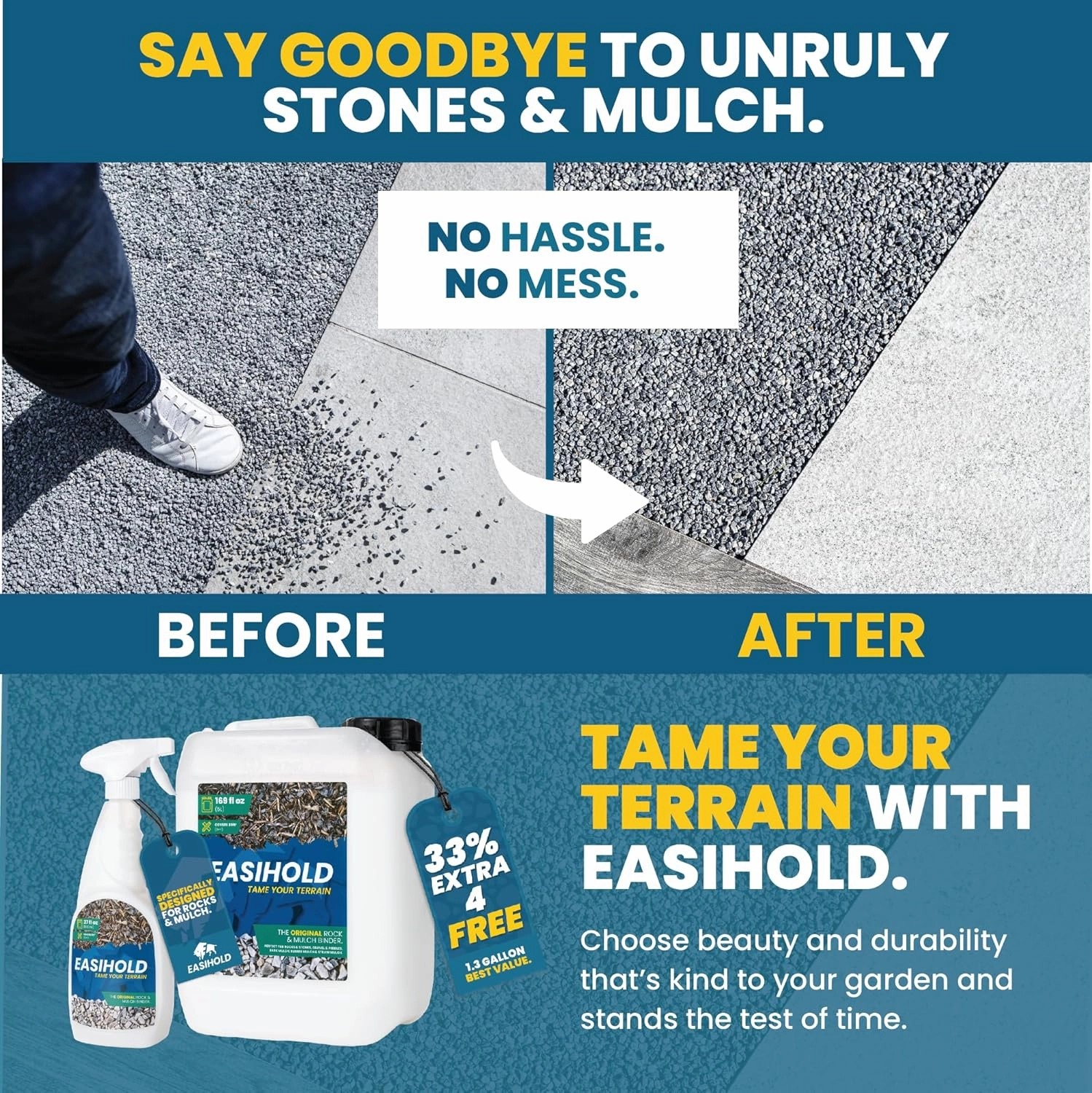 Easihold Gravel Binder 1.3 Gallon – Max Rock Glue for Pea Gravel & Stones. Long-Lasting Mulch Glue for Landscaping – Non-Toxic, Ready-to-Use Gravel Lockdown for Paths, Patios & Garden Borders