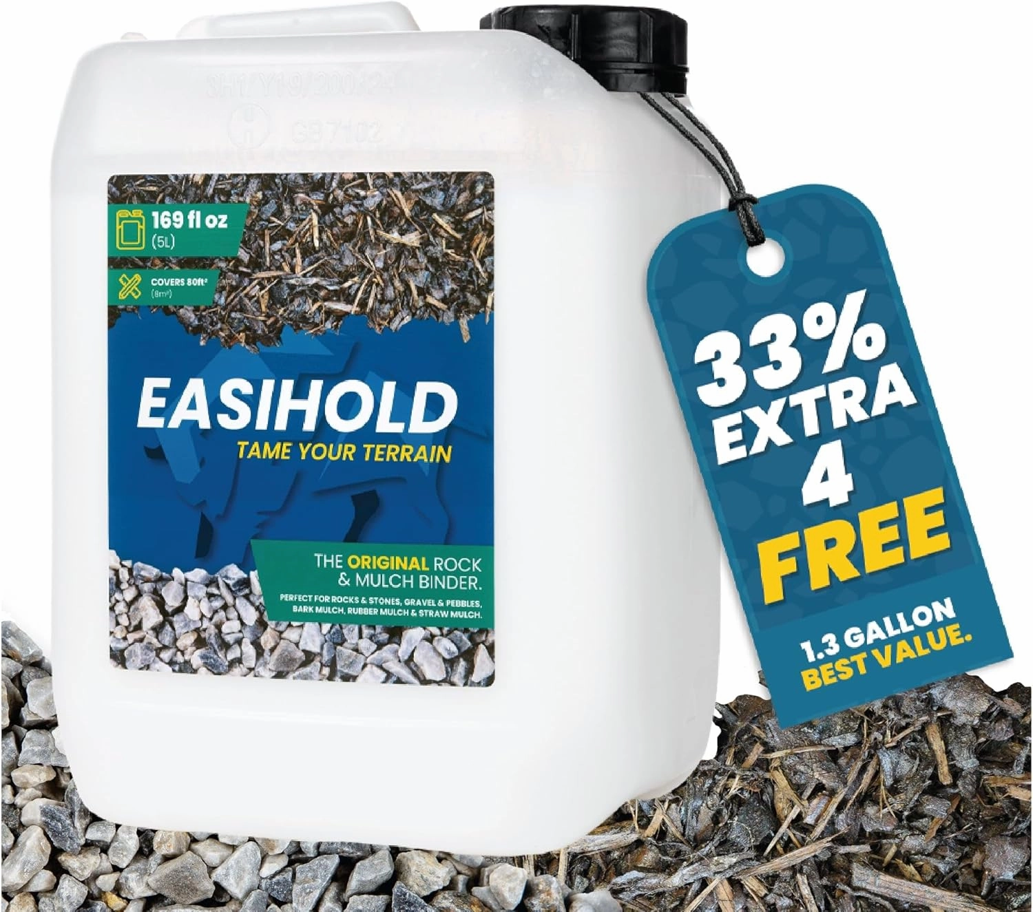 Easihold Gravel Binder 1.3 Gallon – Max Rock Glue for Pea Gravel & Stones. Long-Lasting Mulch Glue for Landscaping – Non-Toxic, Ready-to-Use Gravel Lockdown for Paths, Patios & Garden Borders