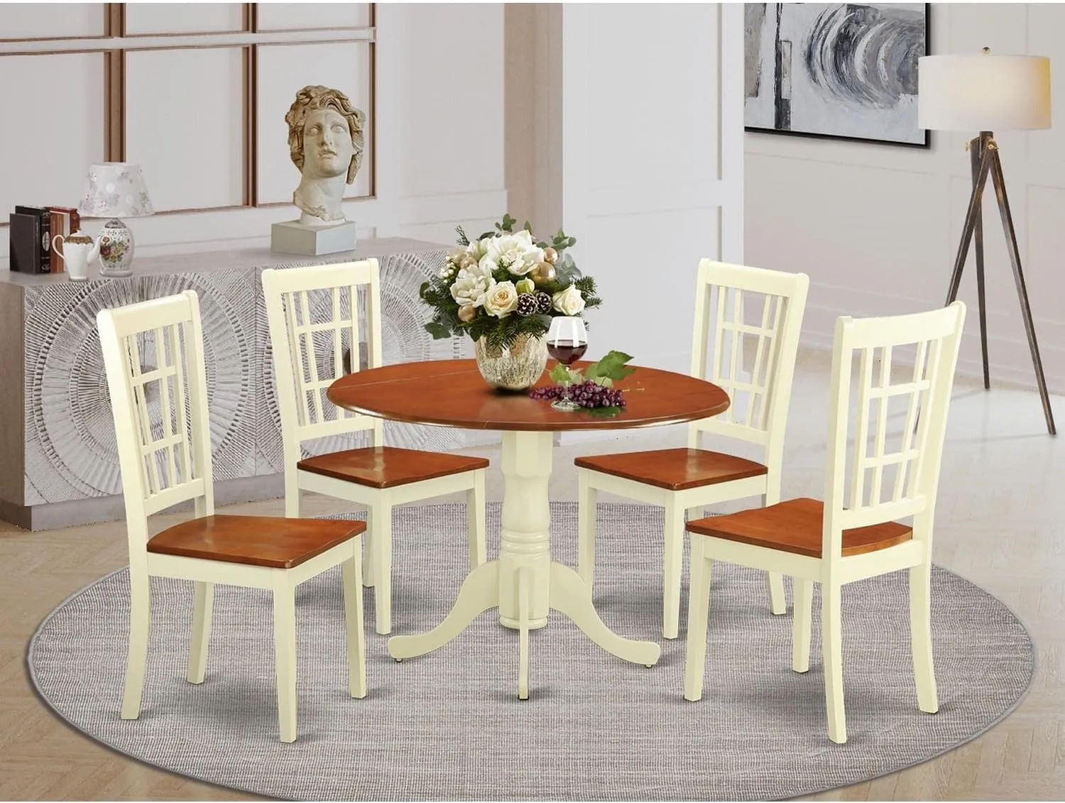 East West Furniture DLNI5-BMK-W 5 Piece Dinette Set for 4 Includes a Round Dining Room Table with Dropleaf and 4 Dining Chairs, 42x42 Inch, Buttermilk & Cherry