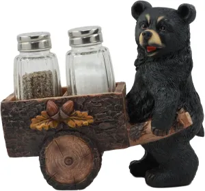 Ebros Woodlands Spice Delivery Black Bear Pushing Vintage Wagon Cart Salt And Pepper Shakers Holder Figurine Set Forest Rocky Mountain Bears Cabin Lodge Hunters Decorative Accent