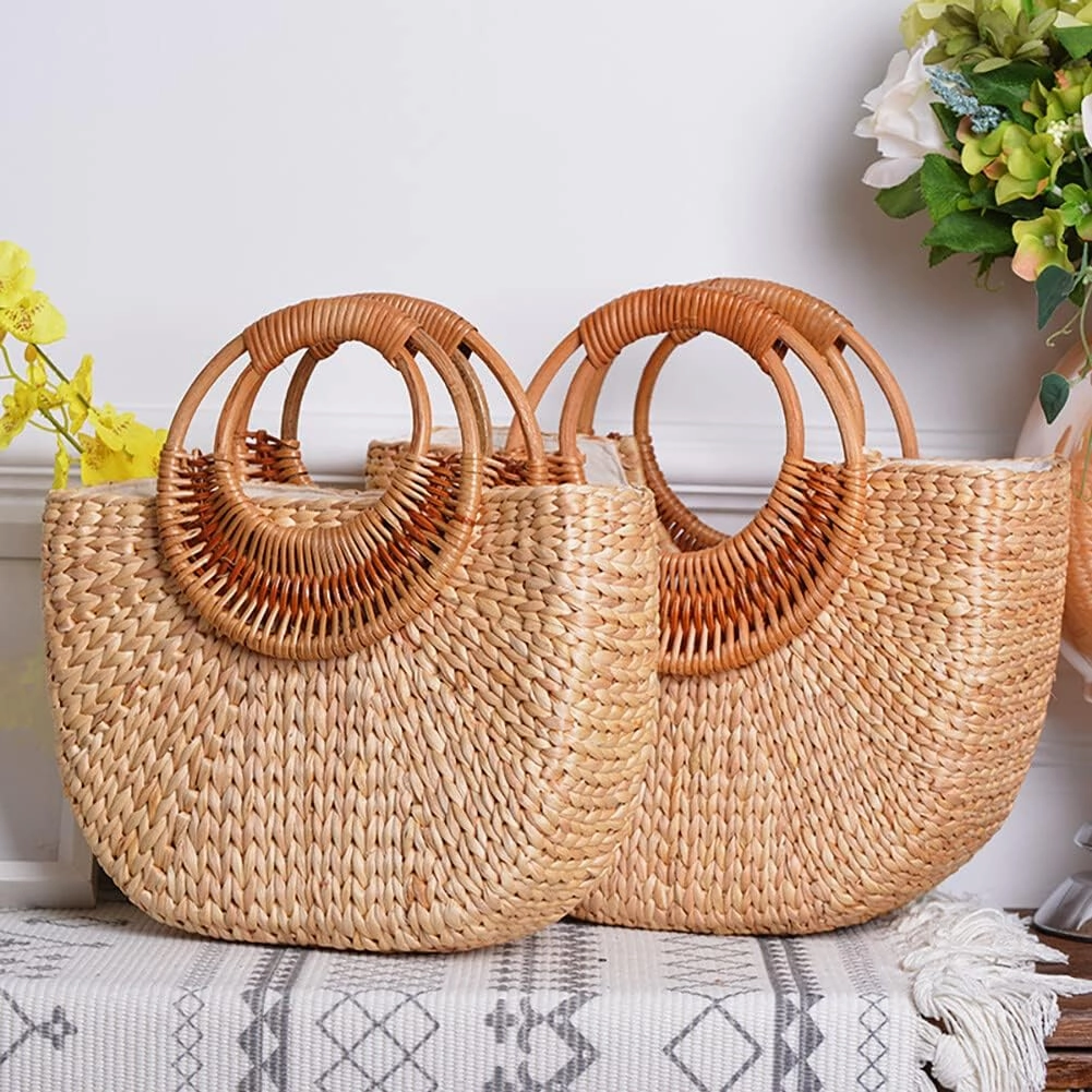 Eforcase Women Straw Bag Large Woven Bag Round Handle Ring Tote Purse Retro Handbags Summer Beach Bag