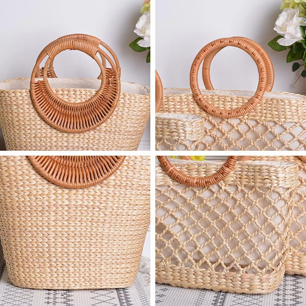 Eforcase Women Straw Bag Large Woven Bag Round Handle Ring Tote Purse Retro Handbags Summer Beach Bag