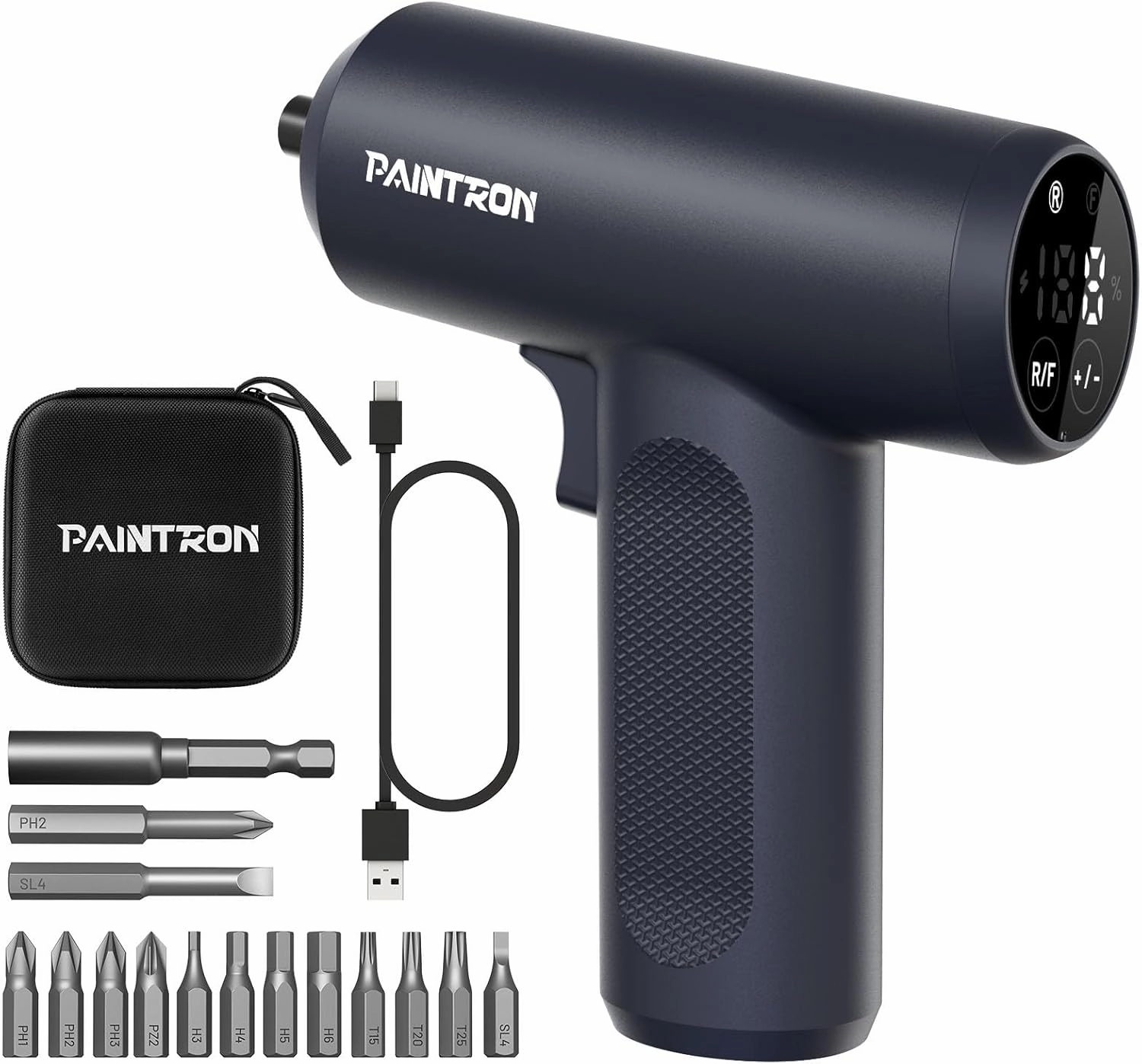 Electric Screwdriver Set, 4V Cordless Rechargeable Screwdriver with Digital Display 8 Settings, 5 N.m Torque, 2000 mAh Battery USB-C, Storage Bag, LED Light, 15 Bits for Furniture/Electrical Repairs