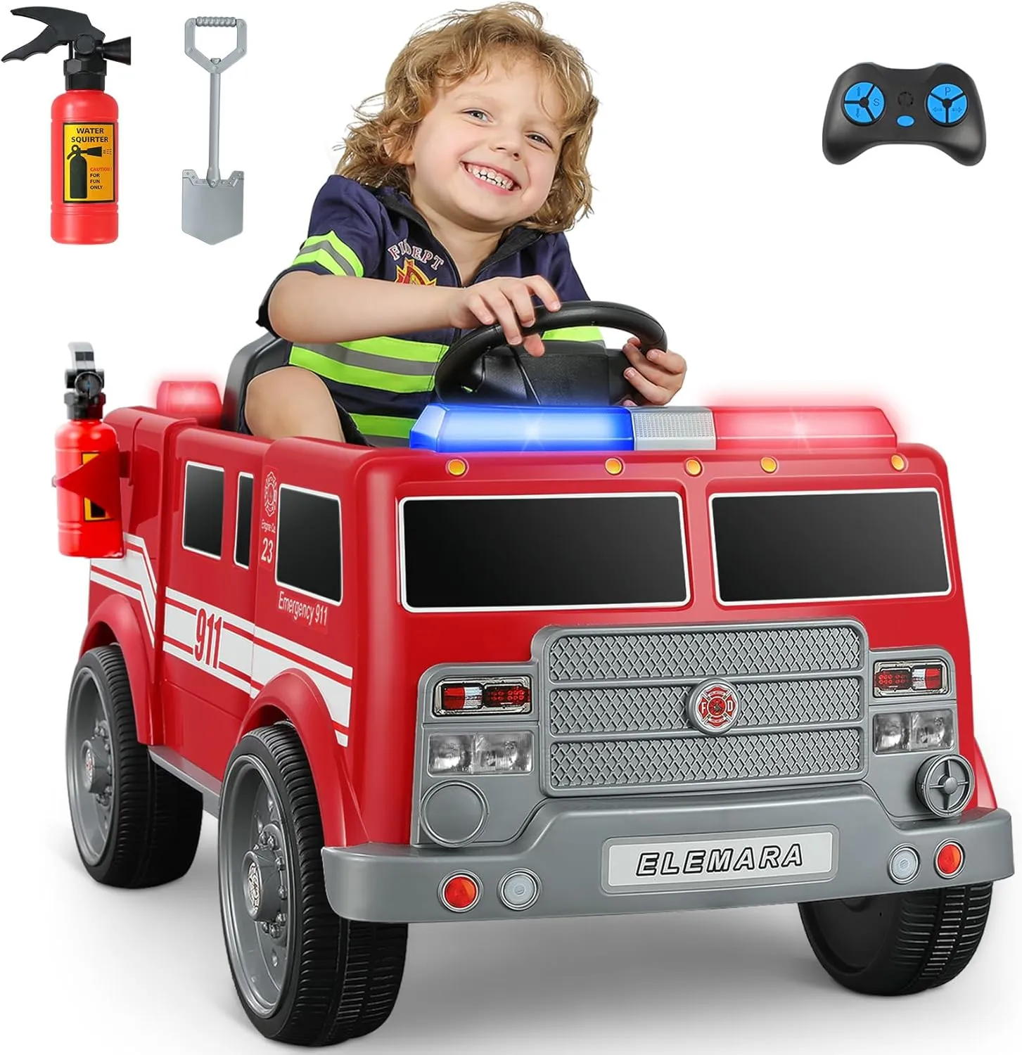 ELEMARA 12V Ride on Fire Truck, Battery Powered Toddler Electric Vehicle w/Parent Remote Control,Ride on Car for Kids,Siren-Call,walkie-talkies, Flashing Lights,Fire Extinguishers, Bluetooth,Music,UBS