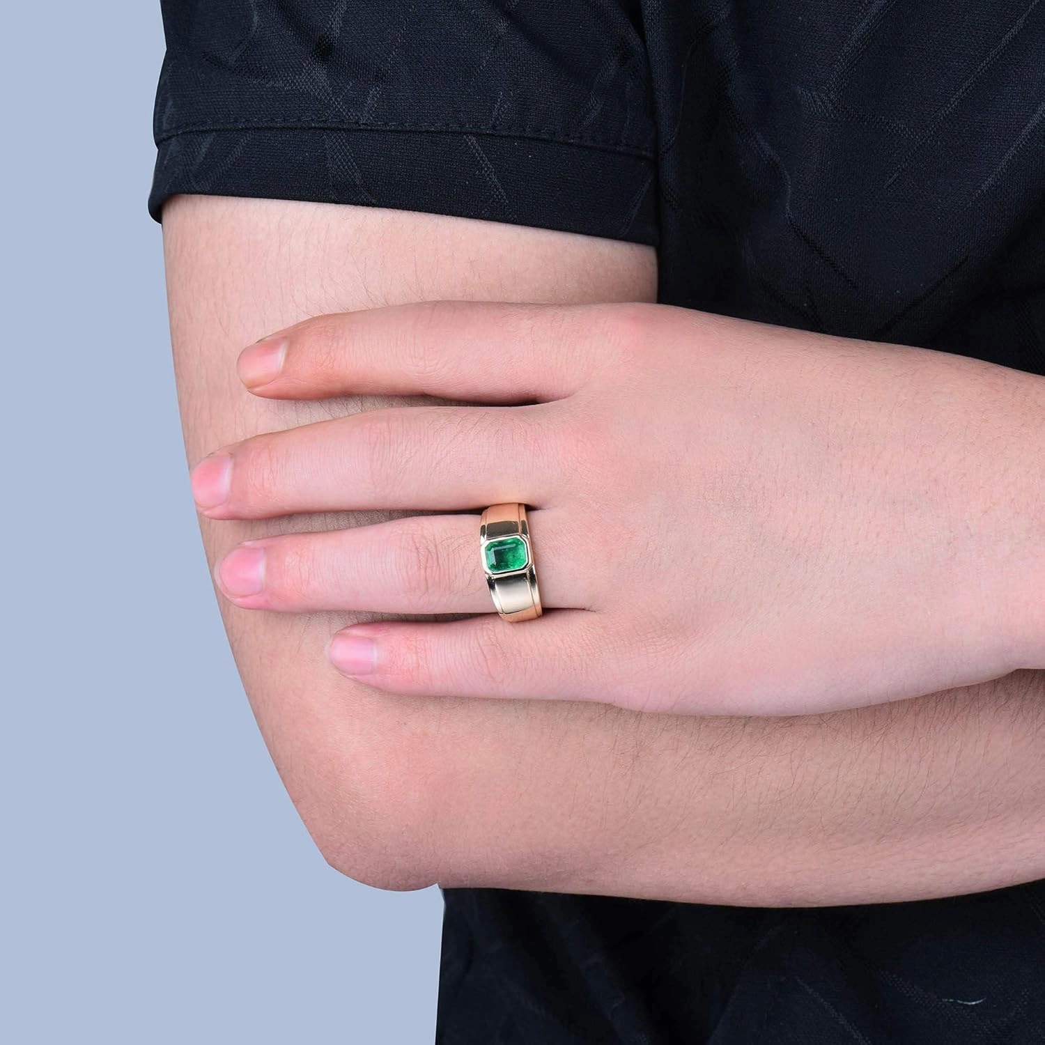 Emerald Ring For Men, 14K Yellow Gold Rings - Emerald Green Ring with Diamond, Natural Green Emerald Rings & Real Diamond Gemstone Rings For Couple Engagement Ring
