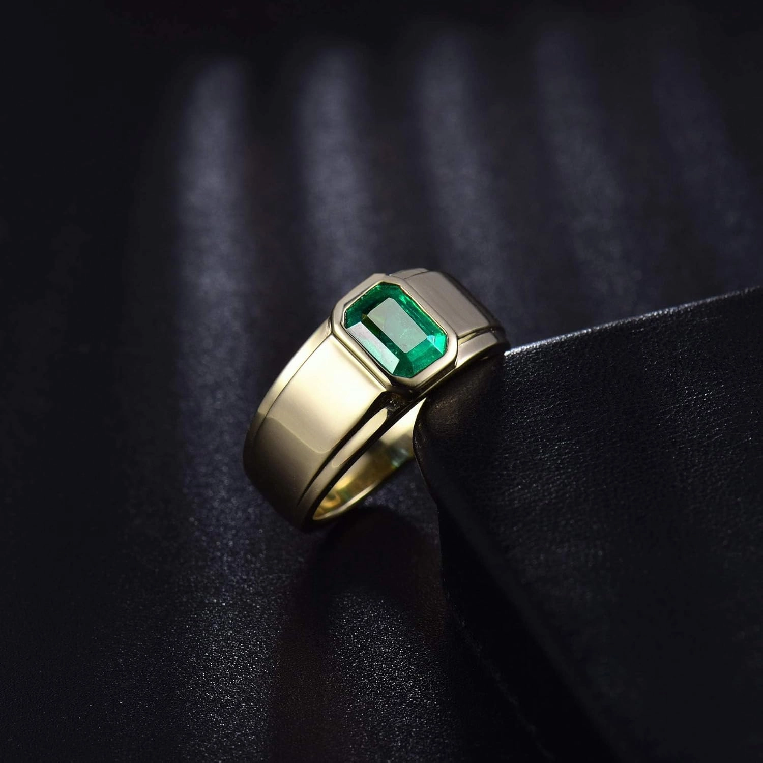 Emerald Ring For Men, 14K Yellow Gold Rings - Emerald Green Ring with Diamond, Natural Green Emerald Rings & Real Diamond Gemstone Rings For Couple Engagement Ring