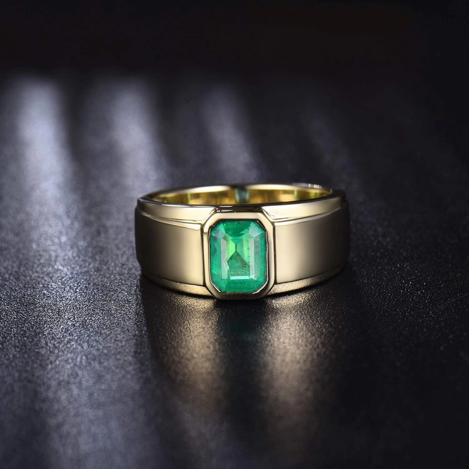 Emerald Ring For Men, 14K Yellow Gold Rings - Emerald Green Ring with Diamond, Natural Green Emerald Rings & Real Diamond Gemstone Rings For Couple Engagement Ring