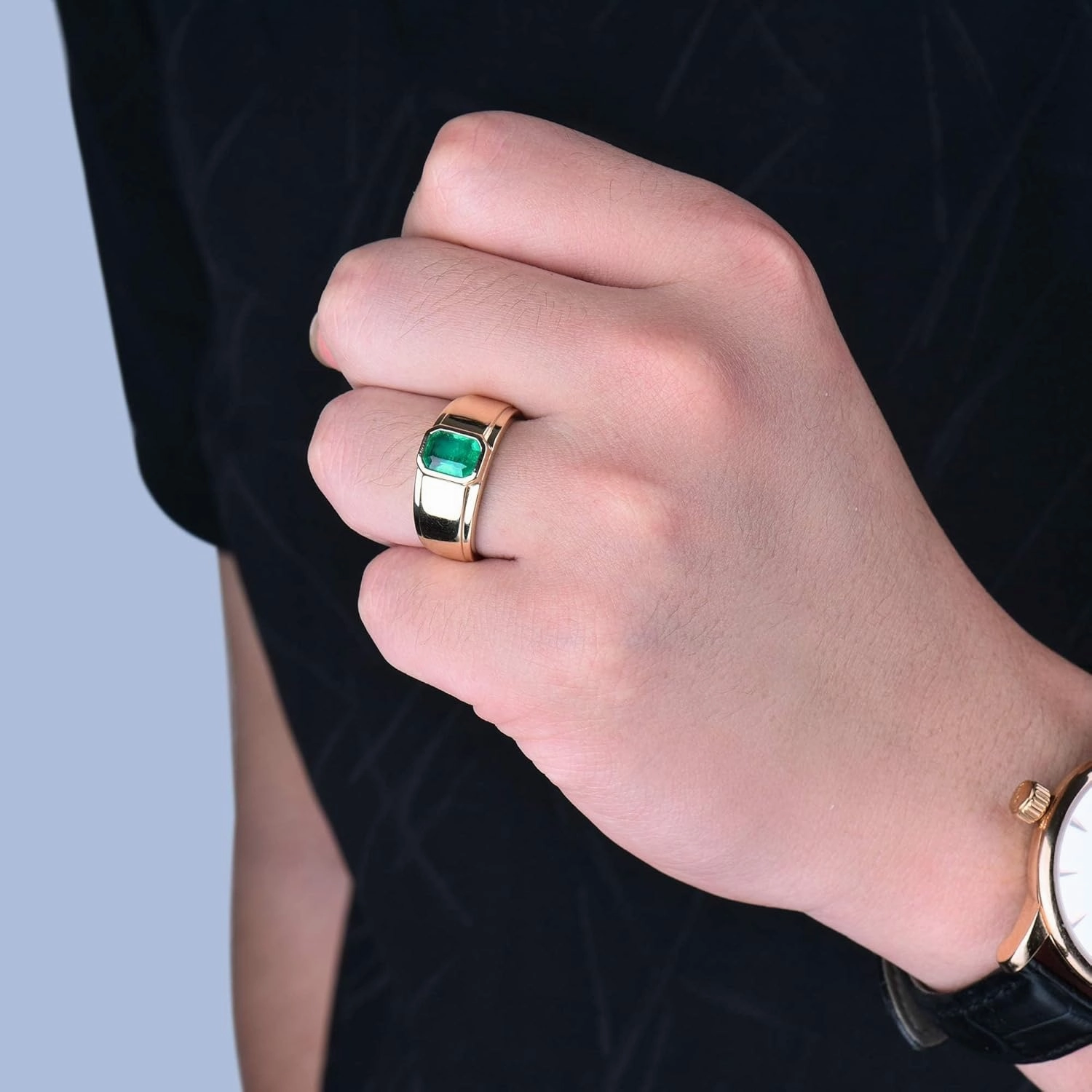 Emerald Ring For Men, 14K Yellow Gold Rings - Emerald Green Ring with Diamond, Natural Green Emerald Rings & Real Diamond Gemstone Rings For Couple Engagement Ring