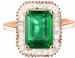 Emerald Ring For Women, 14K Solid Rose Gold Rings - Emerald Green Ring with Diamond, Natural Emerald Gemstone Rings & Real Diamond Eternity Band For Couple Engagement Ring