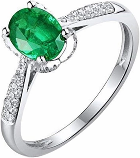 Emerald Ring For Women, 14K Solid White Gold Rings - Emerald Green Ring with Diamond, Vintage Oval 5x7mm Natural Emerald Rings & Real Diamond Gemstone Rings For Couple Engagement Ring