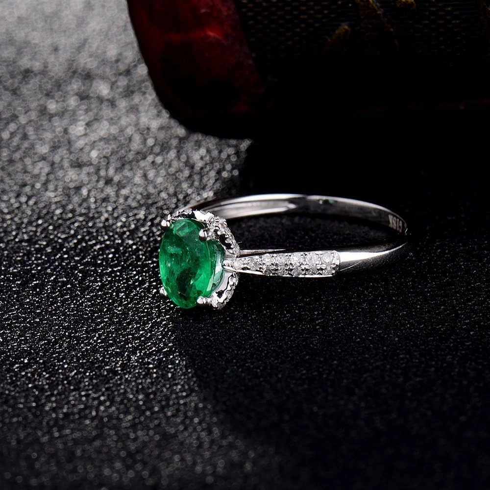 Emerald Ring For Women, 14K Solid White Gold Rings - Emerald Green Ring with Diamond, Vintage Oval 5x7mm Natural Emerald Rings & Real Diamond Gemstone Rings For Couple Engagement Ring