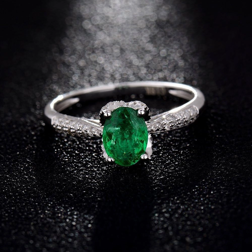 Emerald Ring For Women, 14K Solid White Gold Rings - Emerald Green Ring with Diamond, Vintage Oval 5x7mm Natural Emerald Rings & Real Diamond Gemstone Rings For Couple Engagement Ring