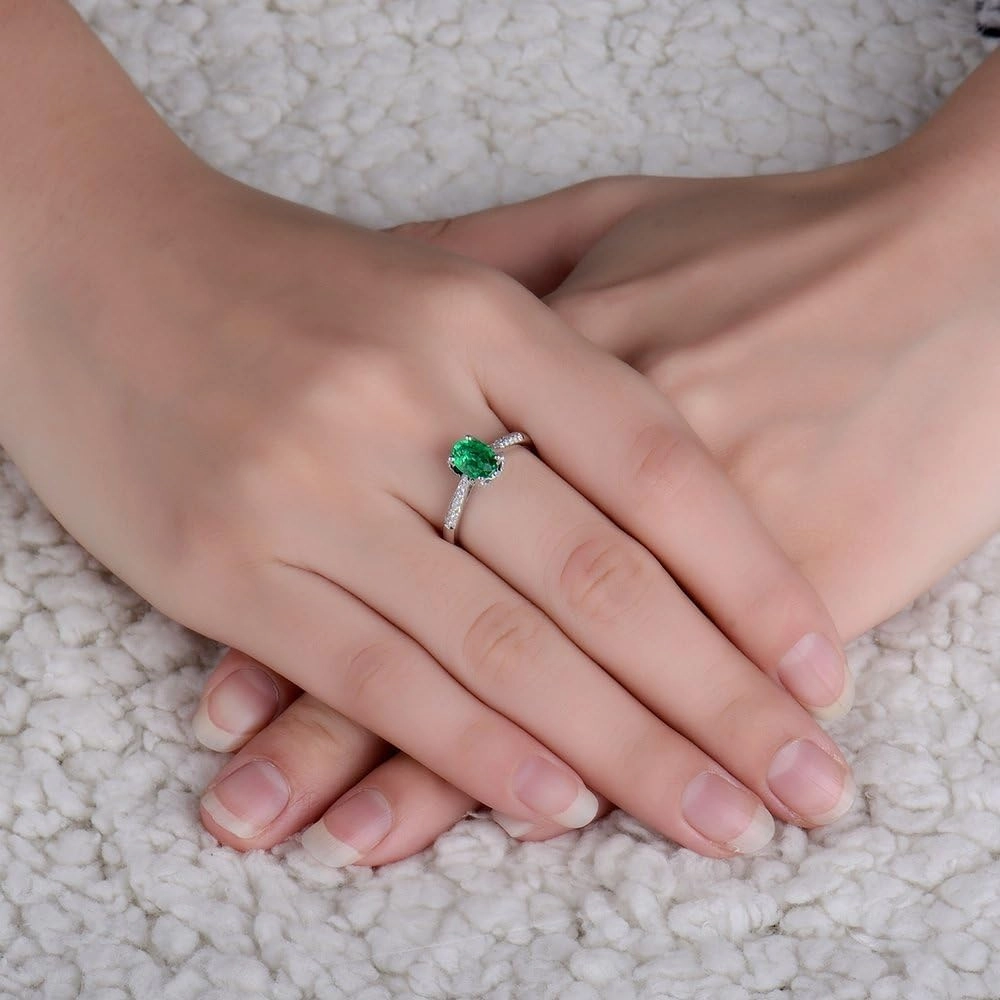 Emerald Ring For Women, 14K Solid White Gold Rings - Emerald Green Ring with Diamond, Vintage Oval 5x7mm Natural Emerald Rings & Real Diamond Gemstone Rings For Couple Engagement Ring