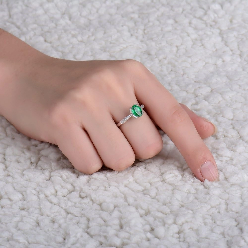 Emerald Ring For Women, 14K Solid White Gold Rings - Emerald Green Ring with Diamond, Vintage Oval 5x7mm Natural Emerald Rings & Real Diamond Gemstone Rings For Couple Engagement Ring